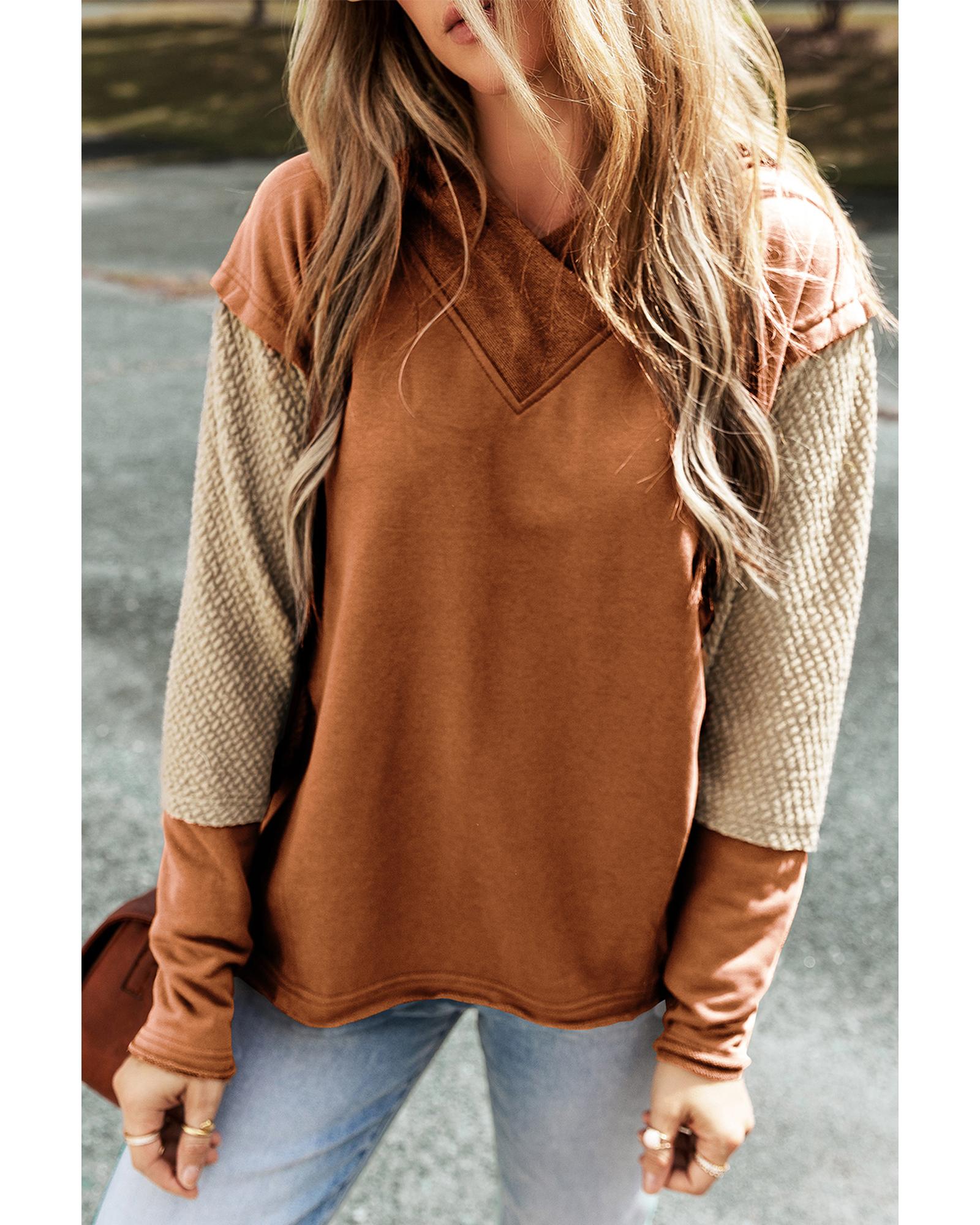 V539-AZEXDC25316258-P2017-S-202508291910-00 Chestnut Contrast Sleeves Patchwork Colorblock Hoodie - S - Image 1