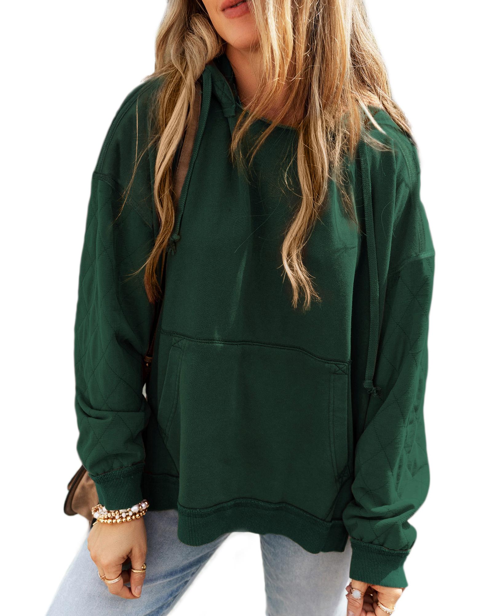 V539-AZEXDC25316272-P309-S-202508300010-00 Blackish Green Quilted Patchwork Exposed Seam Hoodie - S - Image 1