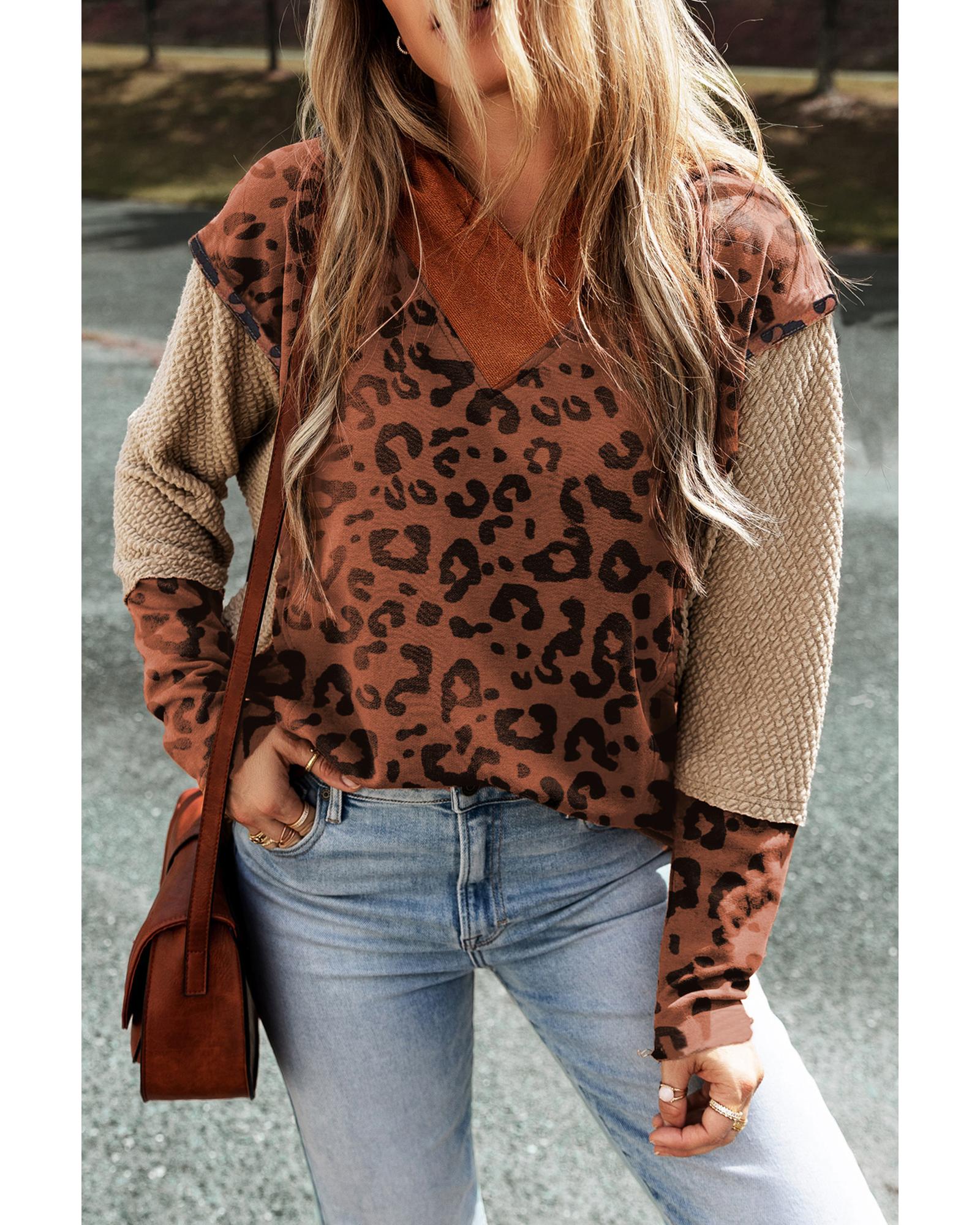 V539-AZEXDC25316388-P1722-S-202506122337-00 Brown Textured Knit Patchwork Leopard Hoodie - S - Image 1