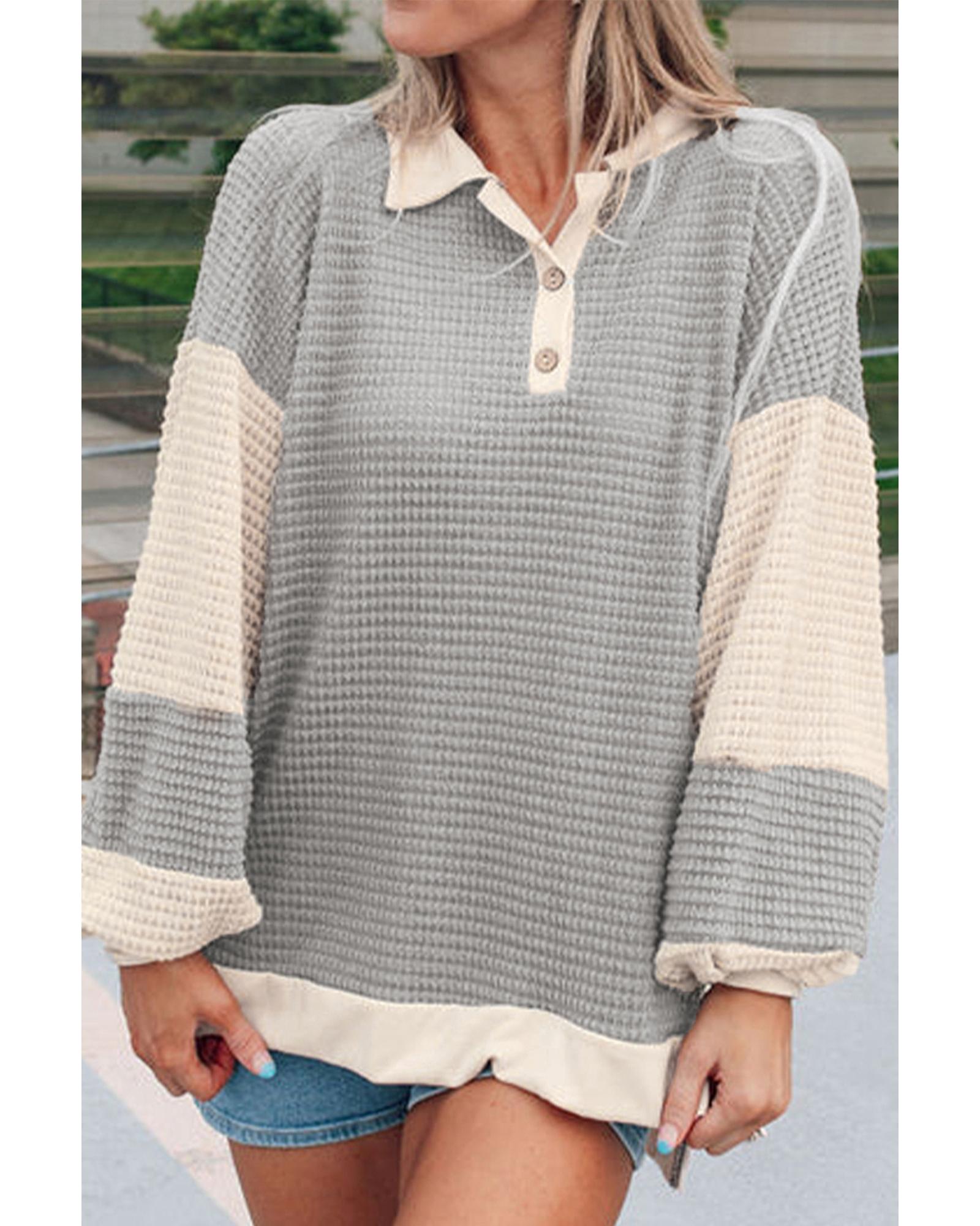 V539-AZEXDC25316527-P1622-M-202508271205-00 Khaki Textured Colorblock Collared Henley Top - M - Image 1