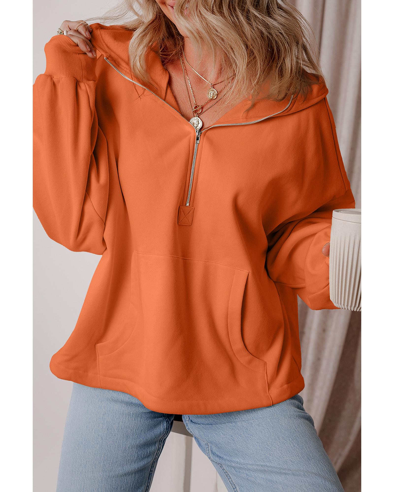 V539-AZEXDC25316626-P14-L-202508270206-00 Orange Fleece Lined Half Zipper Kangaroo Pockets Loose Hoodie - L - Image 1