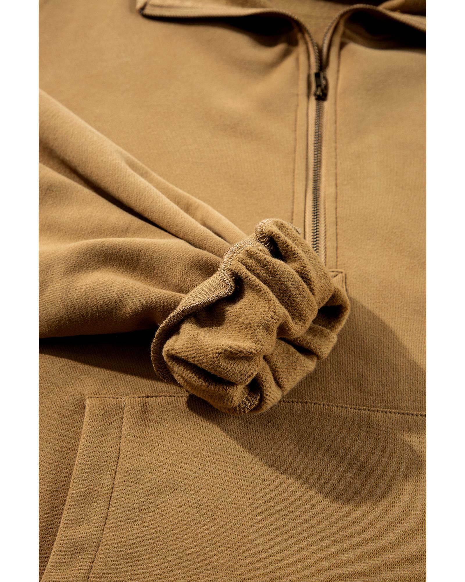 V539-AZEXDC25316626-P17-M-202508271845-00 Brown Fleece Lined Half Zipper Kangaroo Pockets Loose Hoodie - M - Image 1