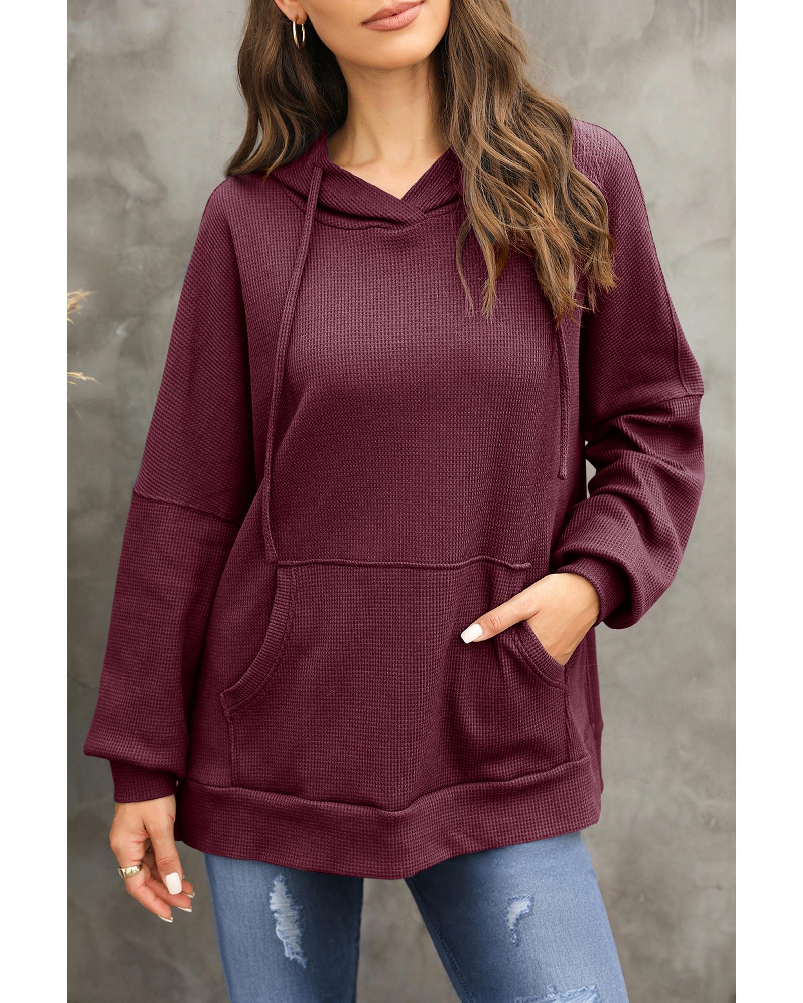 V539-AZEXDC25316648-P403-M-202508281800-00 Red Dahlia Waffle Knit Fleece Lined High Low Oversized Hoodie - M - Image 1