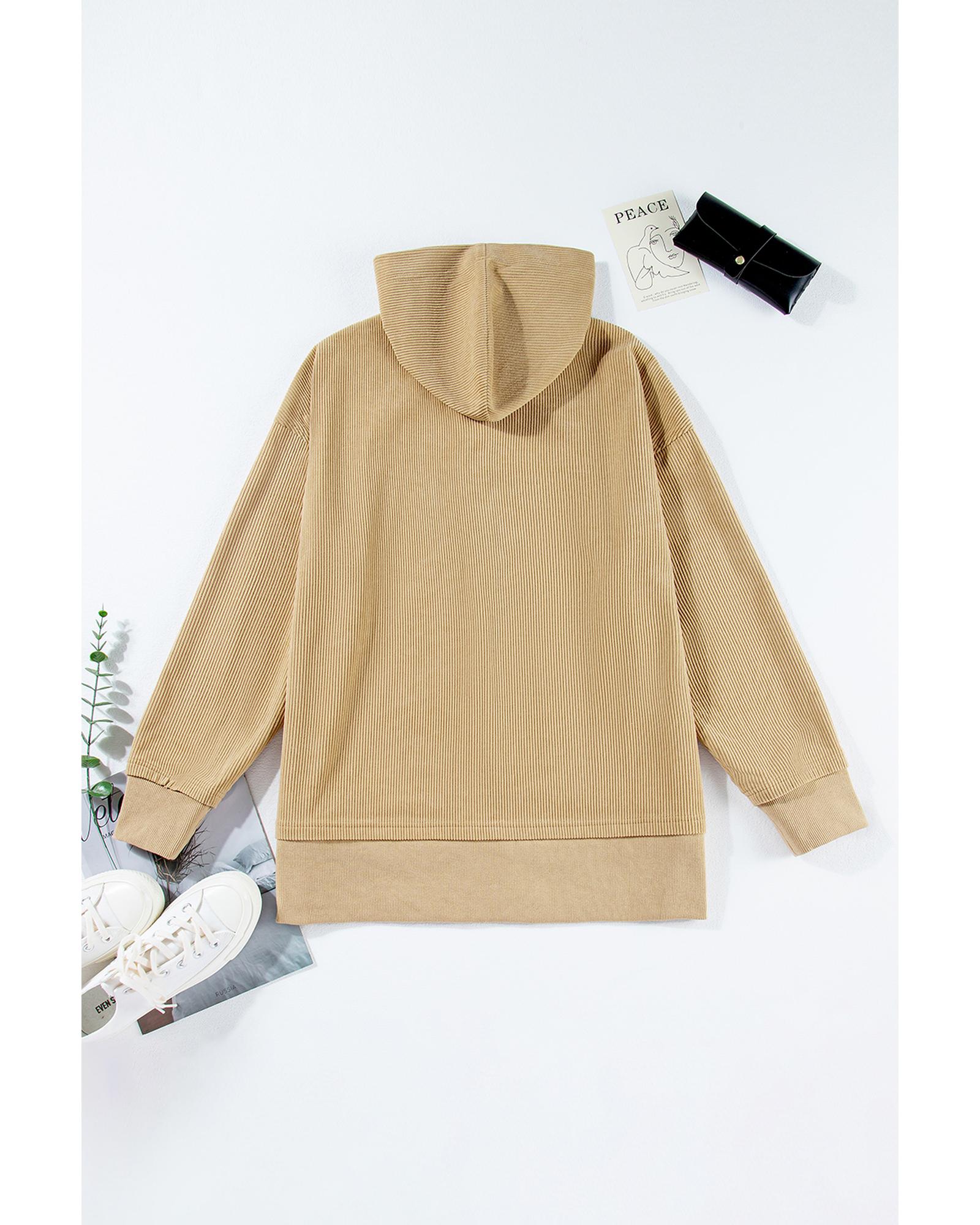 V539-AZEXDC25316685-P6017-M-202508280905-00 Simply Taupe Solid Ribbed Knit Buttoned Drop Shoulder Oversized Hoodie - M - Image 1
