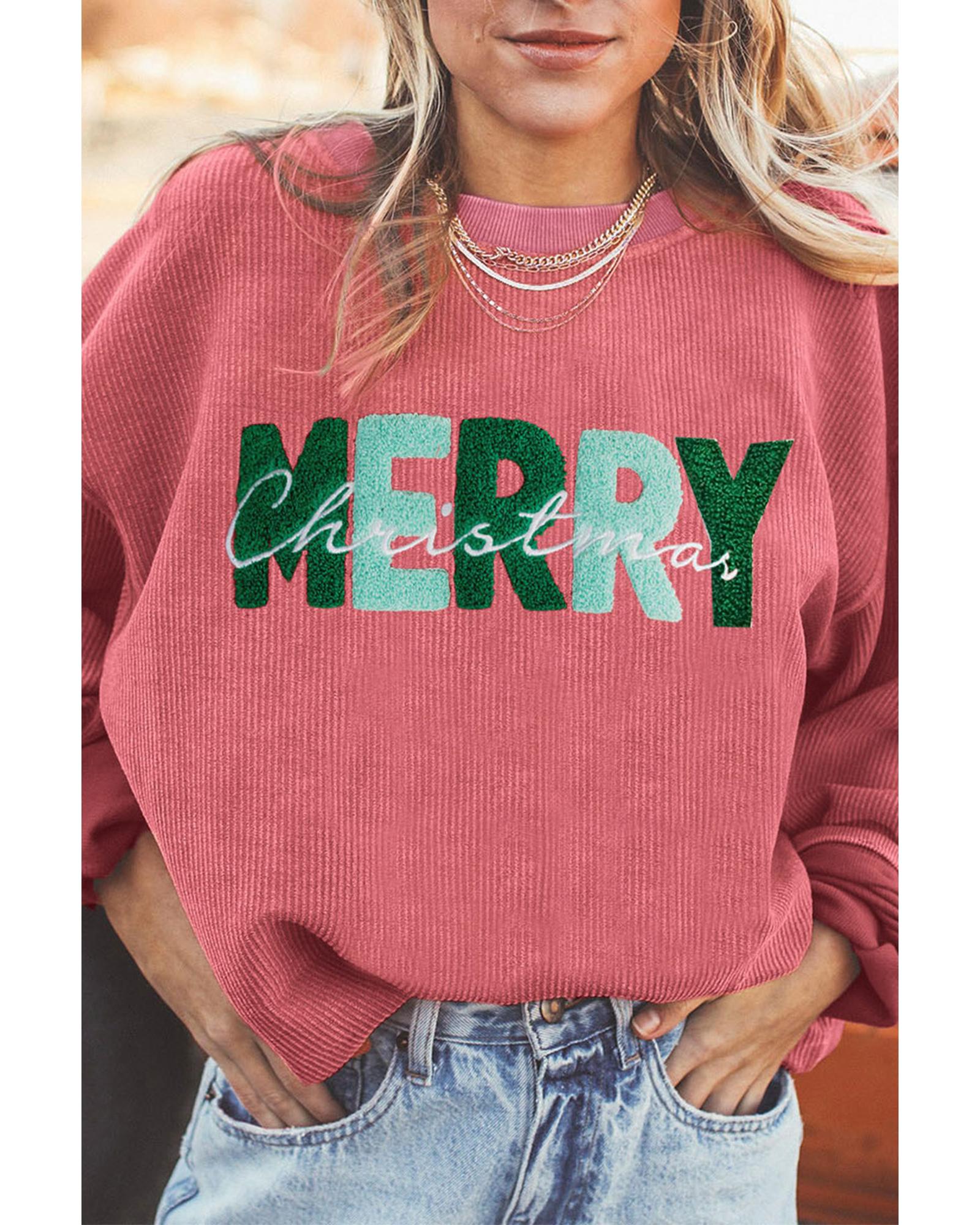 V539-AZEXDC25316879-P306-XL-202508281055-00 Strawberry Pink MERRY Christmas Corded Pullover Sweatshirt - XL - Image 1