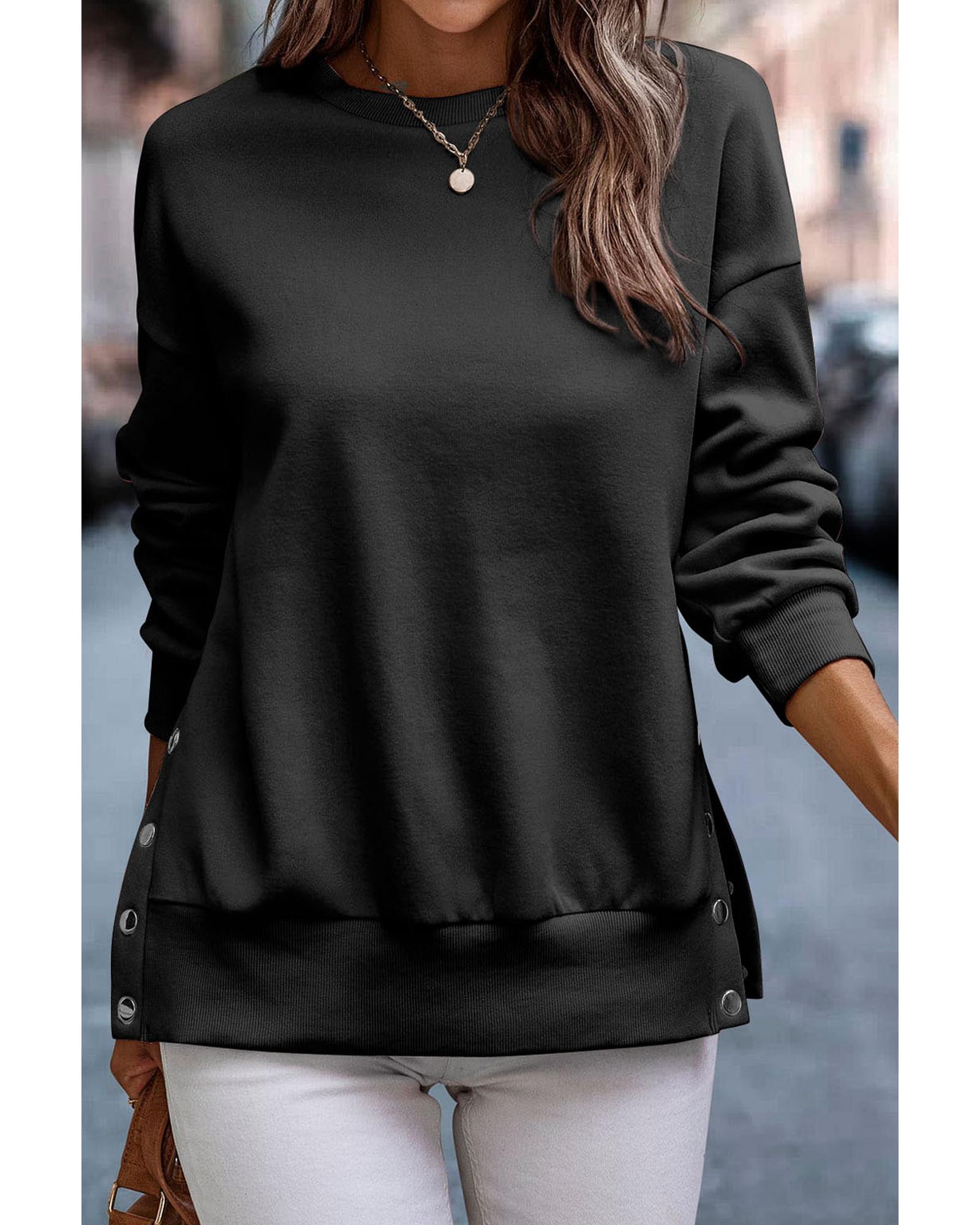 V539-AZEXDC25316883-P2-L-202508281645-00 Black Snap Buttons Side Splits Pullover Sweatshirt - L - Image 1