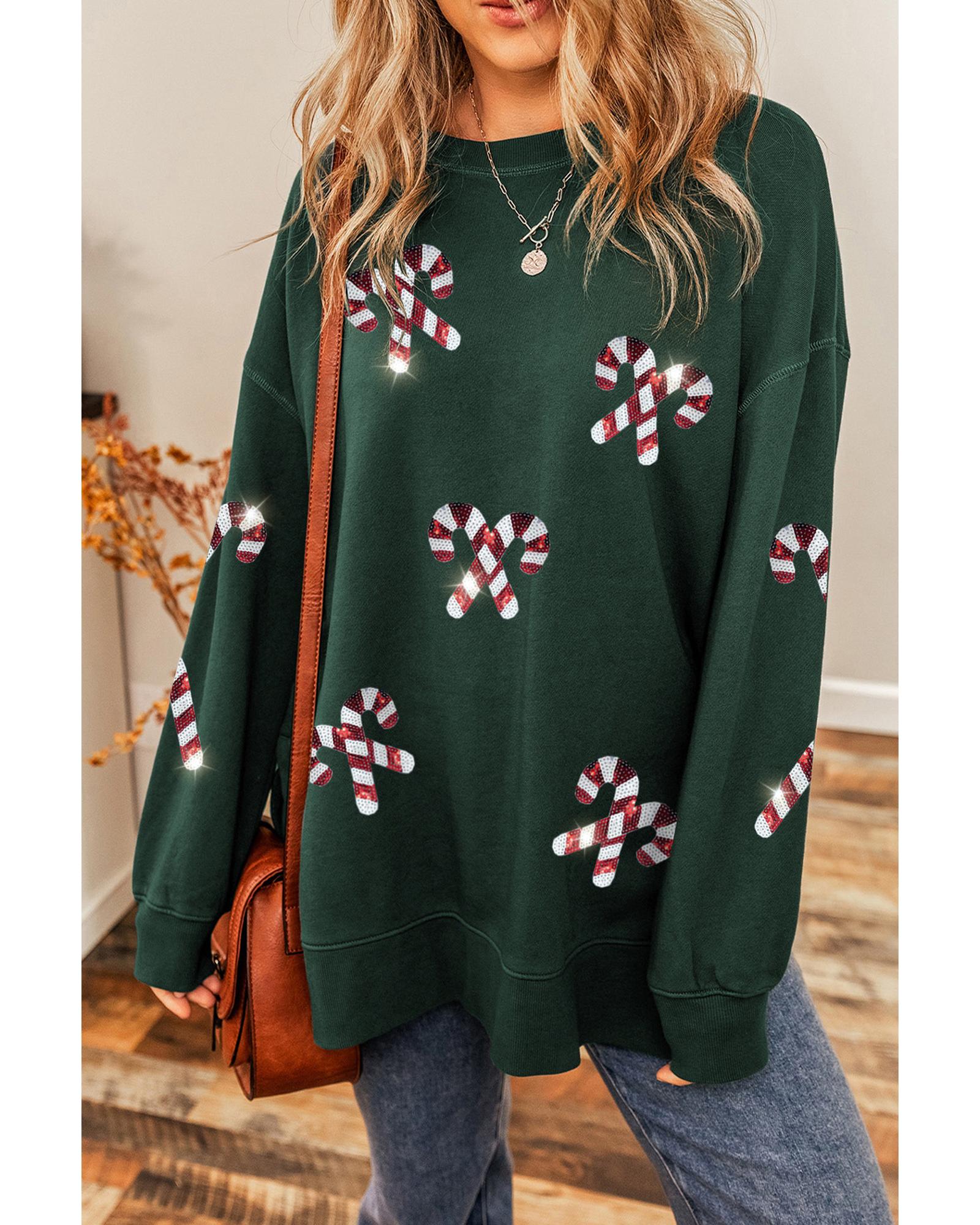 V539-AZEXDC25316936-P1309-S-202508291750-00 Duffel Green Christmas Cane Pattern Crewneck Oversized Sweatshirt - S - Image 1