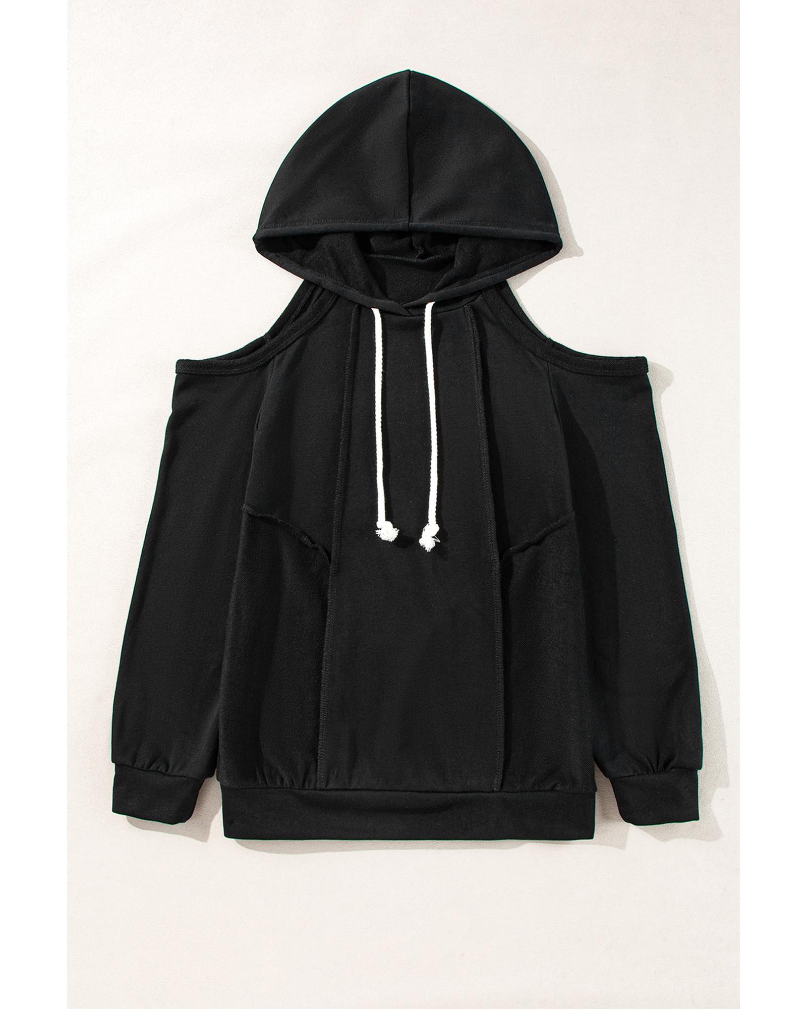 V539-AZEXDC25317116-P2-XL-202508281225-00 Black Exposed Seam Cold Shoulder Drawstring Hoodie - XL - Image 1