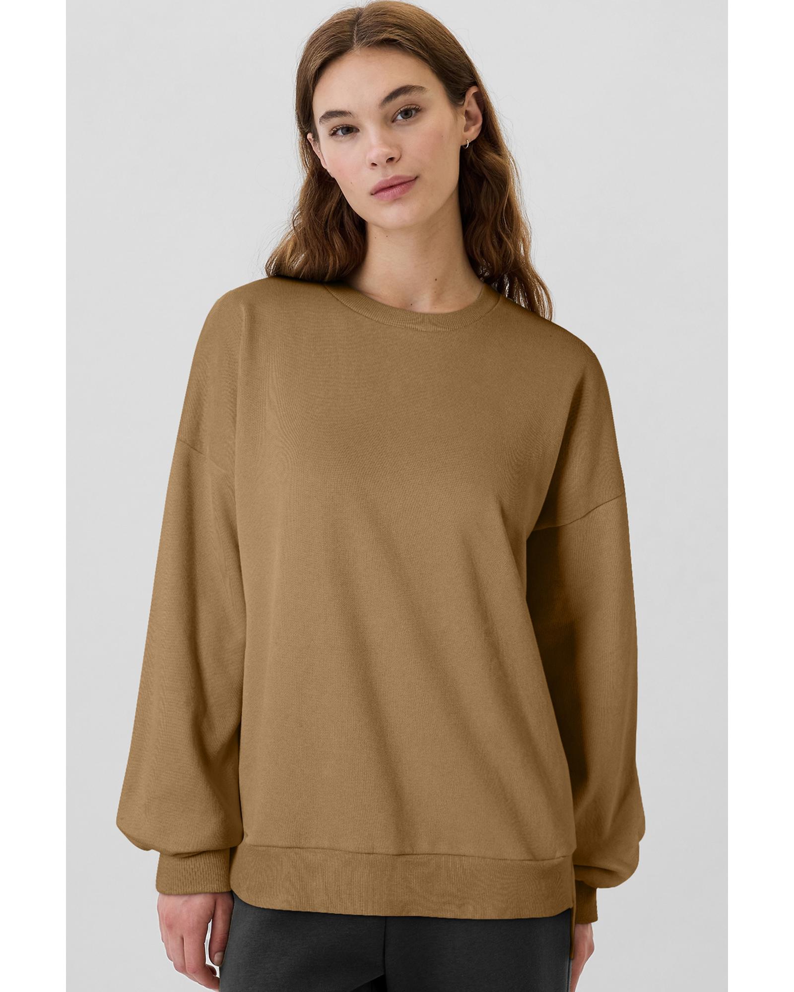 V539-AZEXDC25317234-P1016-M-202508292300-00 Camel Solid Fleece Lined Drop Shoulder High Low Sweatshirt - M - Image 1