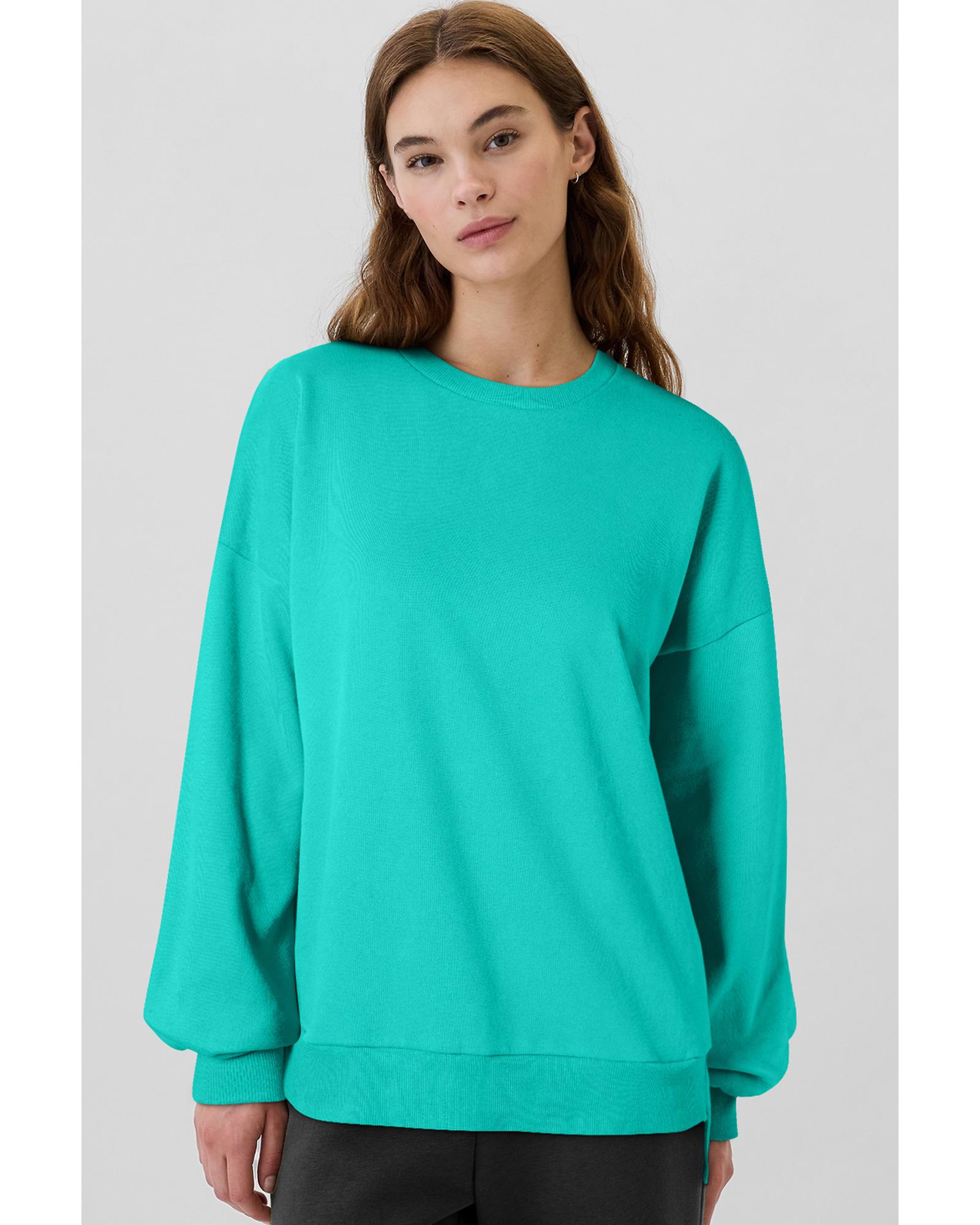 V539-AZEXDC25317234-P409-2XL-202508300520-00 Sea Green Solid Fleece Lined Drop Shoulder High Low Sweatshirt - 2XL - Image 1