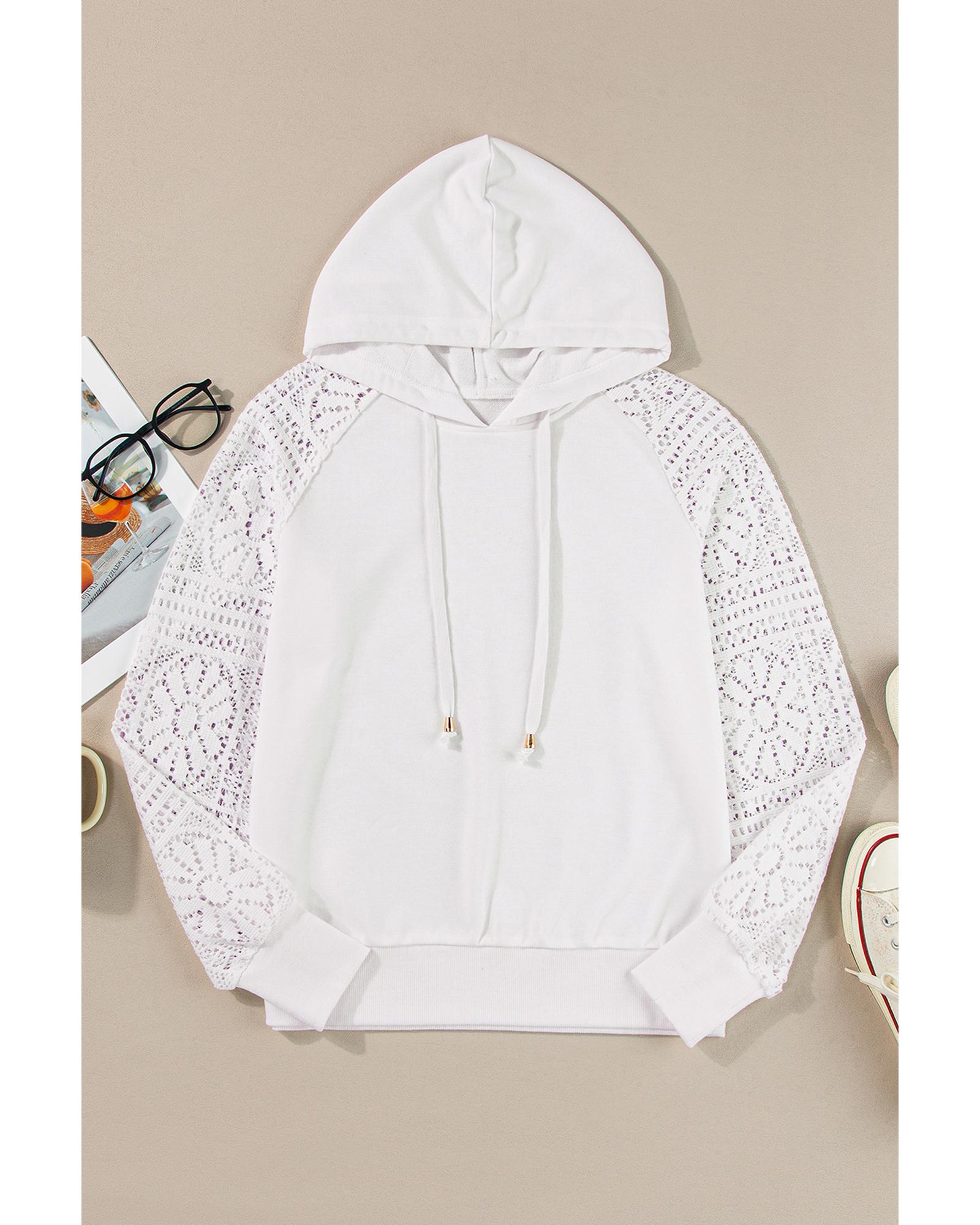 V539-AZEXDC25317331-P1-S-202506130635-00 White Lace Patchwork Sleeve Drawstring Hoodie - S - Image 1