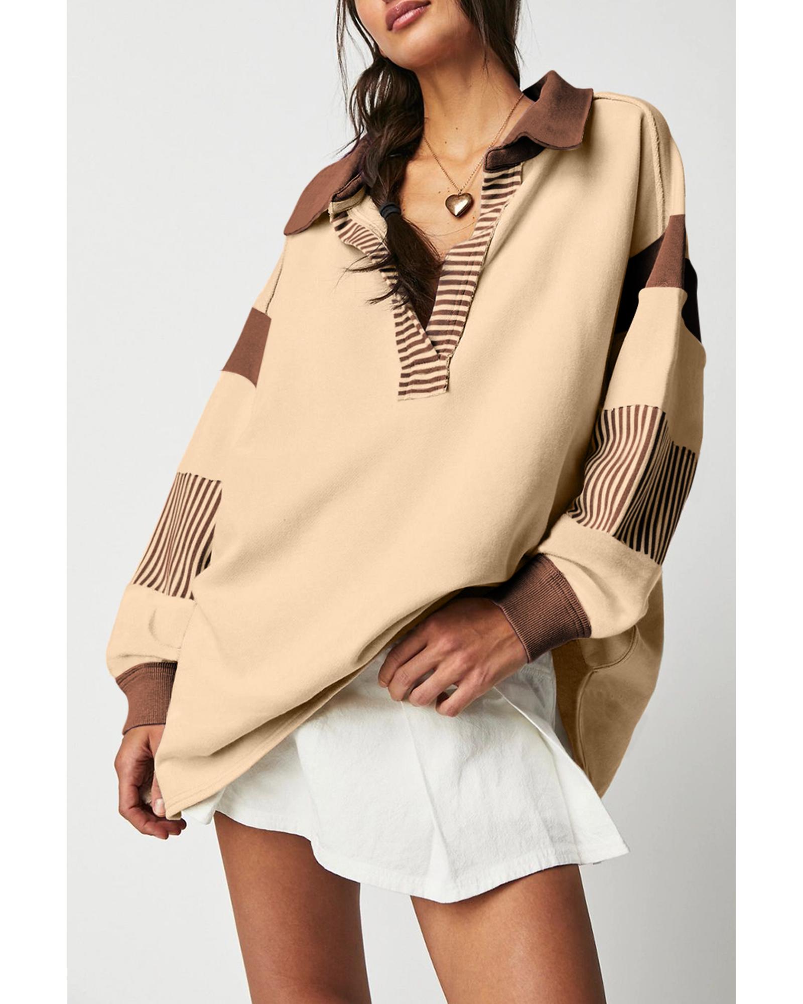 V539-AZEXDC25317343-P4016-2XL-202506130652-00 Light French Beige Striped Colorblock Patchwork Collar Sweatshirt - 2XL - Image 1