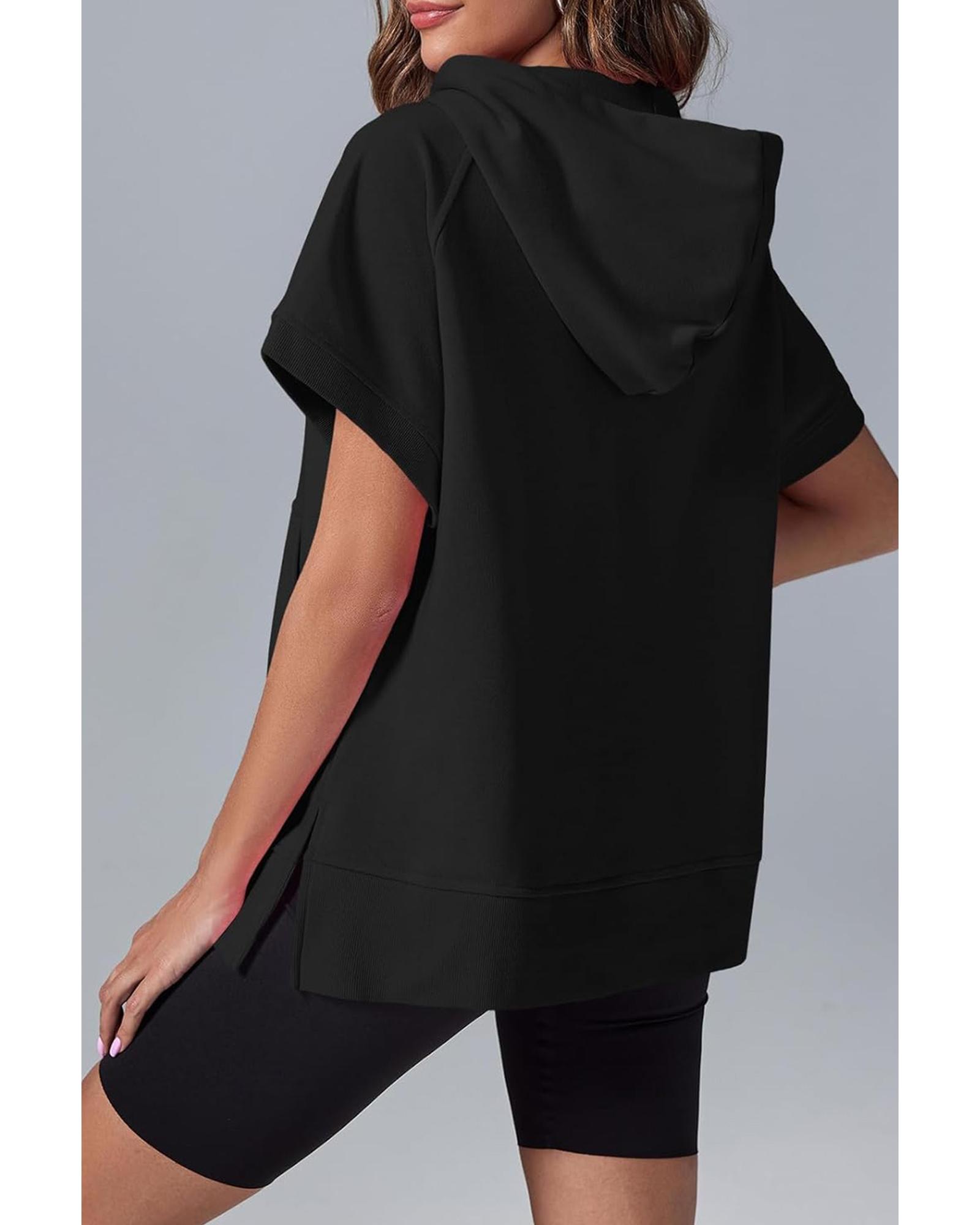 V539-AZEXDC25317361-P2-S-202506130720-00 Black Half Zipper Kangaroo Pocket Short Sleeve Hoodie - S - Image 1