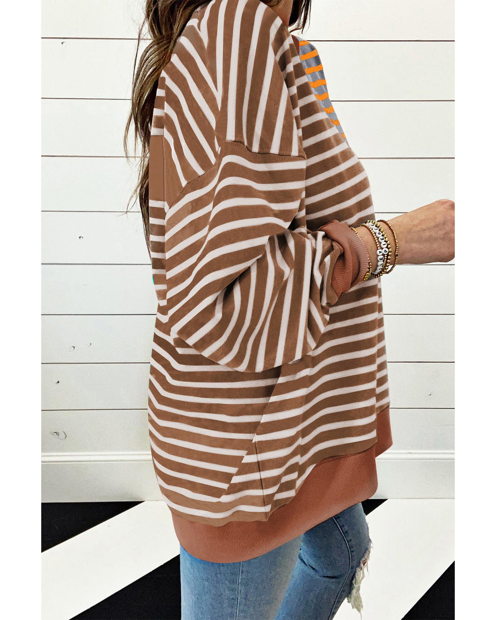 V539-AZEXDC25317370-P1719-M-202508281335-00 Brown Stripe Casual Stripe Colorblock Drop Shoulder Oversize Sweatshirt - M - Image 1
