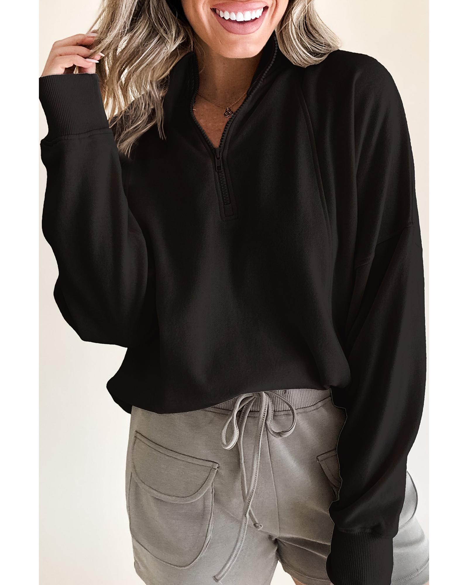 V539-AZEXDC25317408-P2-L-202508292300-00 Black Zipped Neck Pullover Drop Shoulder Sweatshirt - L - Image 1