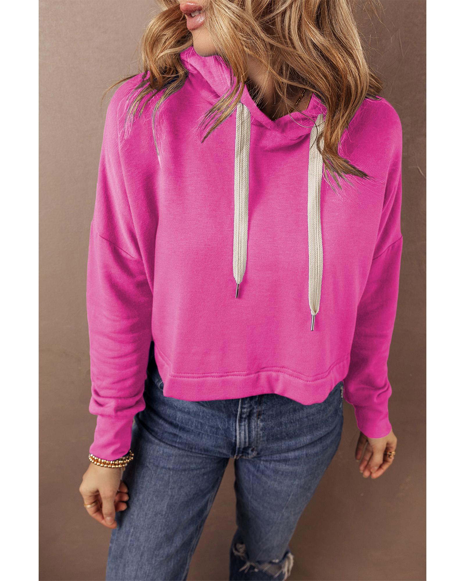 V539-AZEXDC25317540-P406-S-202506130454-00 Sachet Pink Solid Drop Shoulder Drawstring Cropped Hoodie - S - Image 1