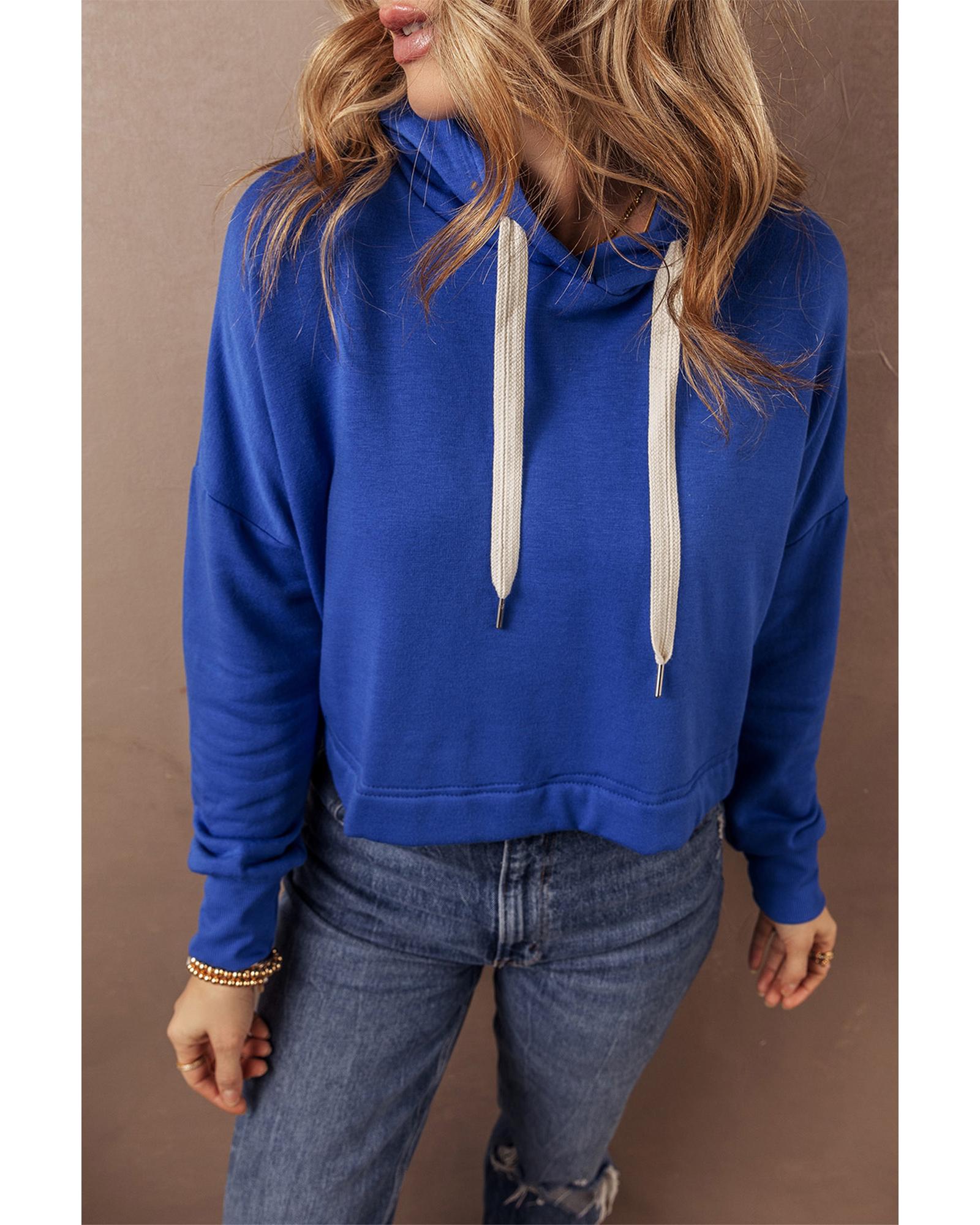 V539-AZEXDC25317540-P5-XL-202508300250-00 Dark Blue Solid Drop Shoulder Drawstring Cropped Hoodie - XL - Image 1