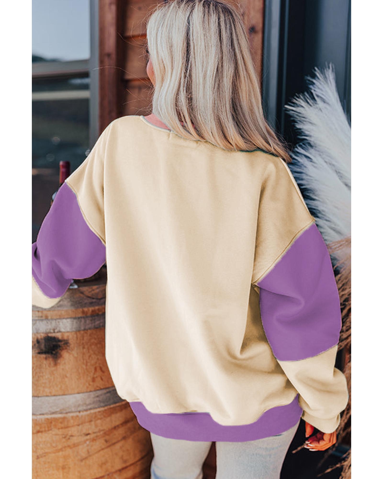 V539-AZEXDC25317584-P1208-S-202506130527-00 Meadow Mauve Colorblock Patchwork Drop Shoulder Sweatshirt - S - Image 1