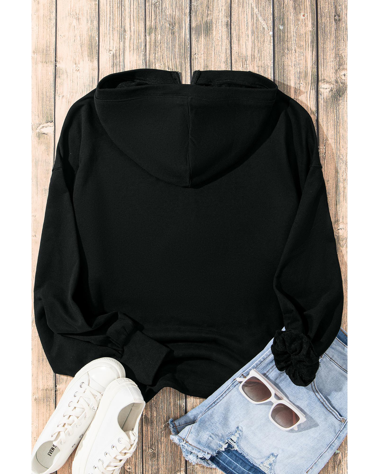 V539-AZEXDC25317593-P2-M-202508280030-00 Black Solid Kangaroo Pocket Half Zipper Oversized Hoodie - M - Image 1