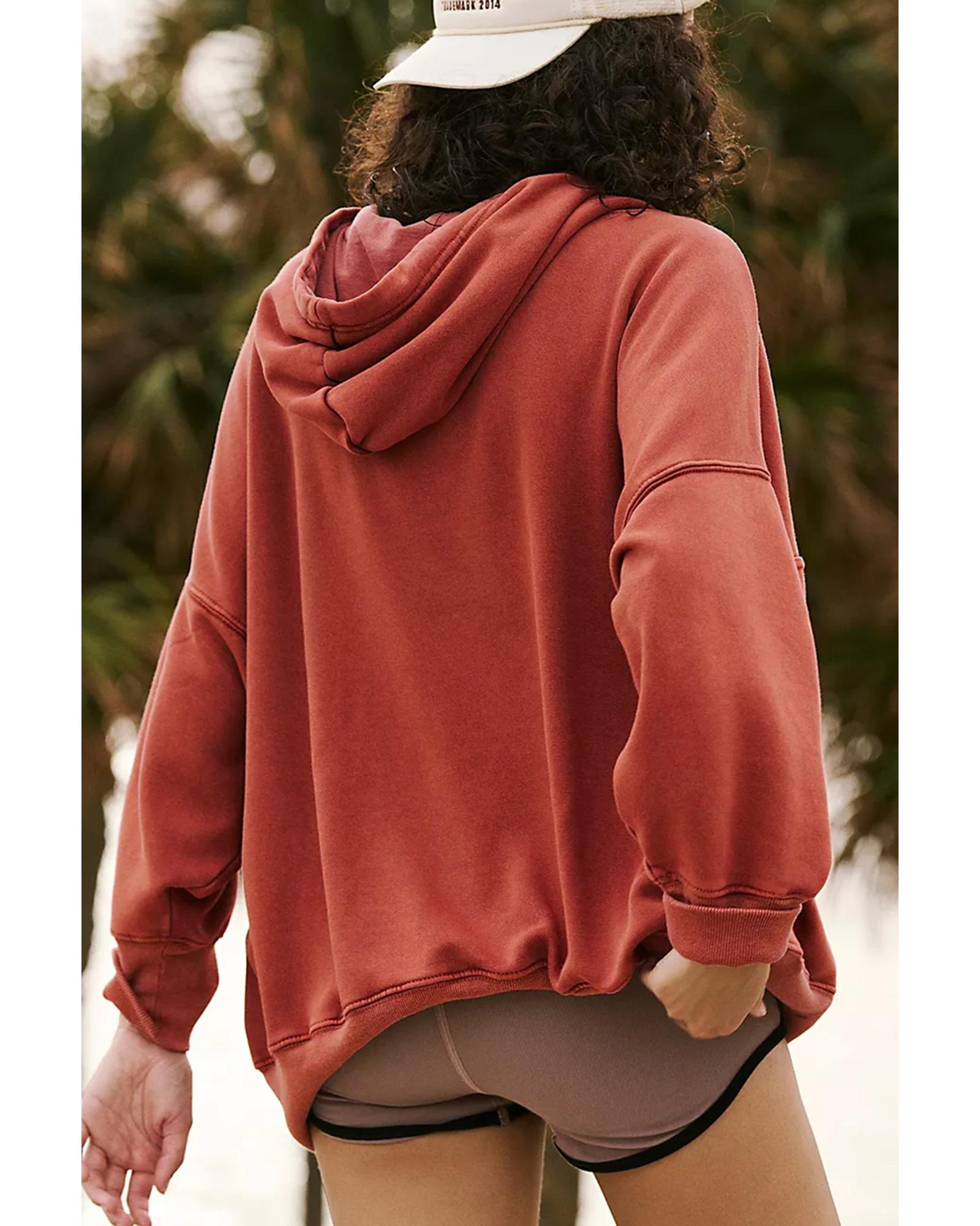 V539-AZEXDC25317739-P203-M-202508291610-00 Red Clay Drop Shoulder Pocketed Baggy Drawstring Hoodie - M - Image 1