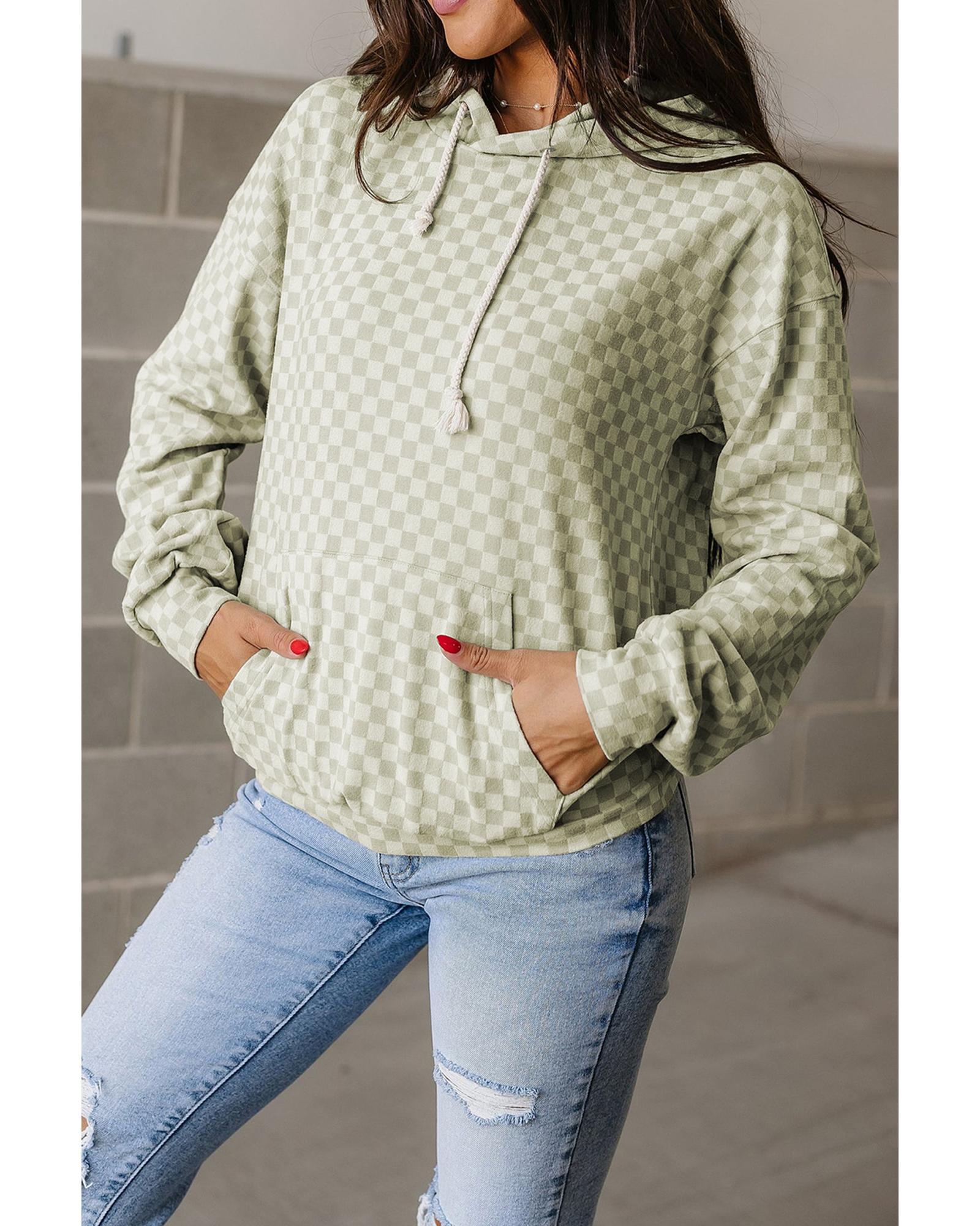 V539-AZEXDC25317952-P920-M-202508291255-00 Green Checkered Print Kangaroo Pocket Drawstring Hoodie - M - Image 1