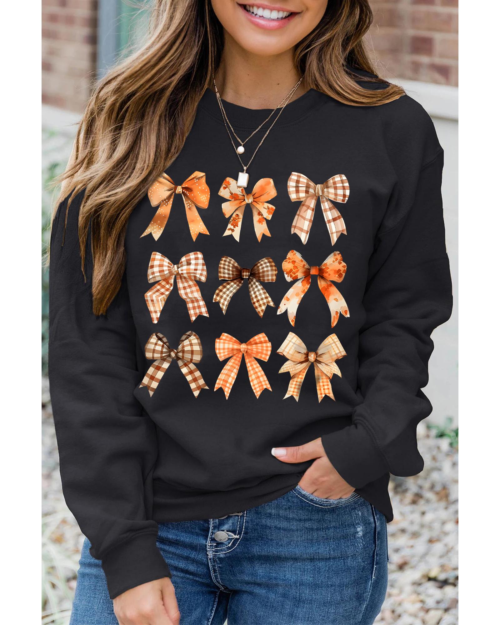 V539-AZEXDC25318108-2-M-202508291410-00 Black Thanksgiving Spice Bowknot Graphic Sweatshirt - M - Image 1