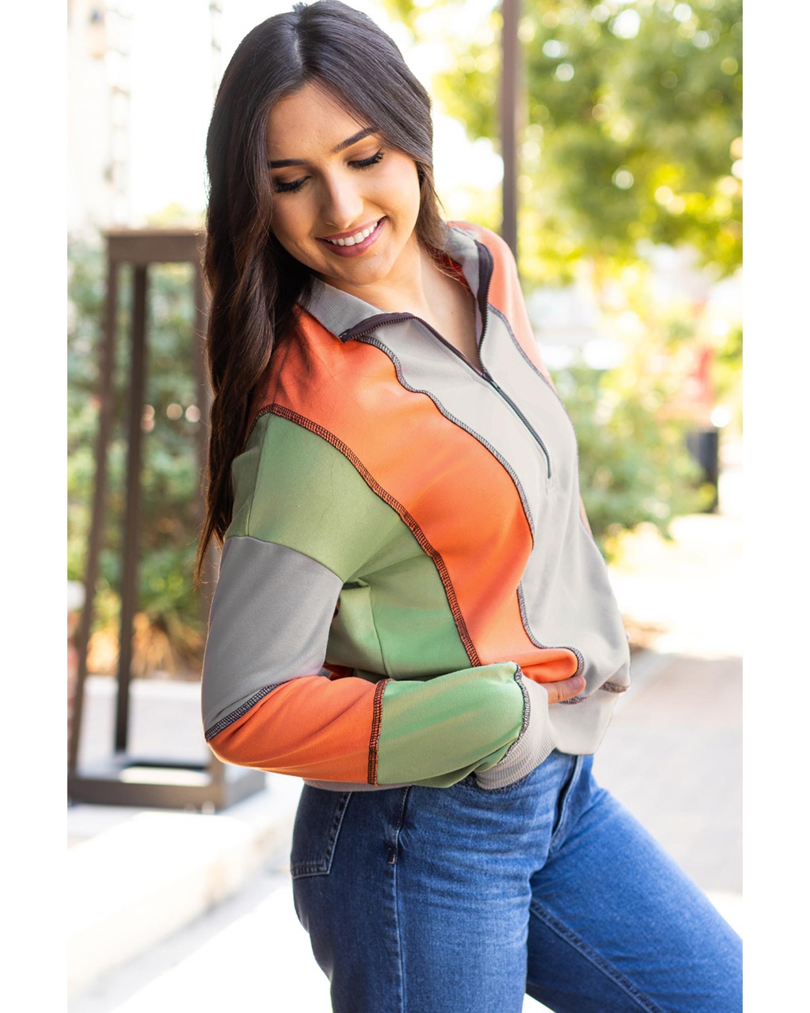 V539-AZEXDC25318148-P1011-M-202508281430-00 Light Grey Color Block Stitching Detail Half Zipper Sweatshirt - M - Image 1