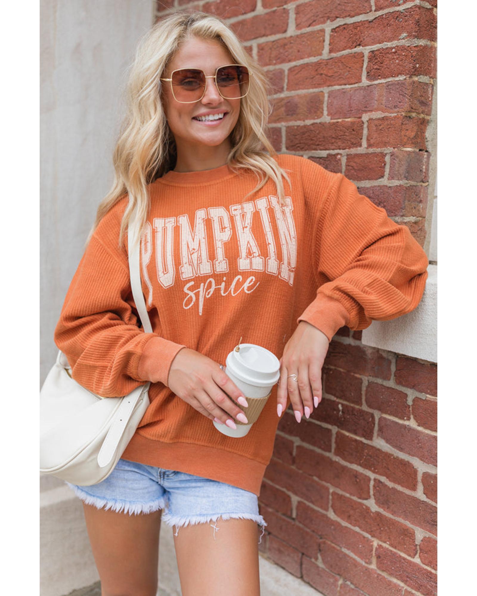 V539-AZEXDC25318156-2014-S-202506130220-00 Orange PUMPKIN Spice Graphic Corded Crewneck Sweatshirt - S - Image 1