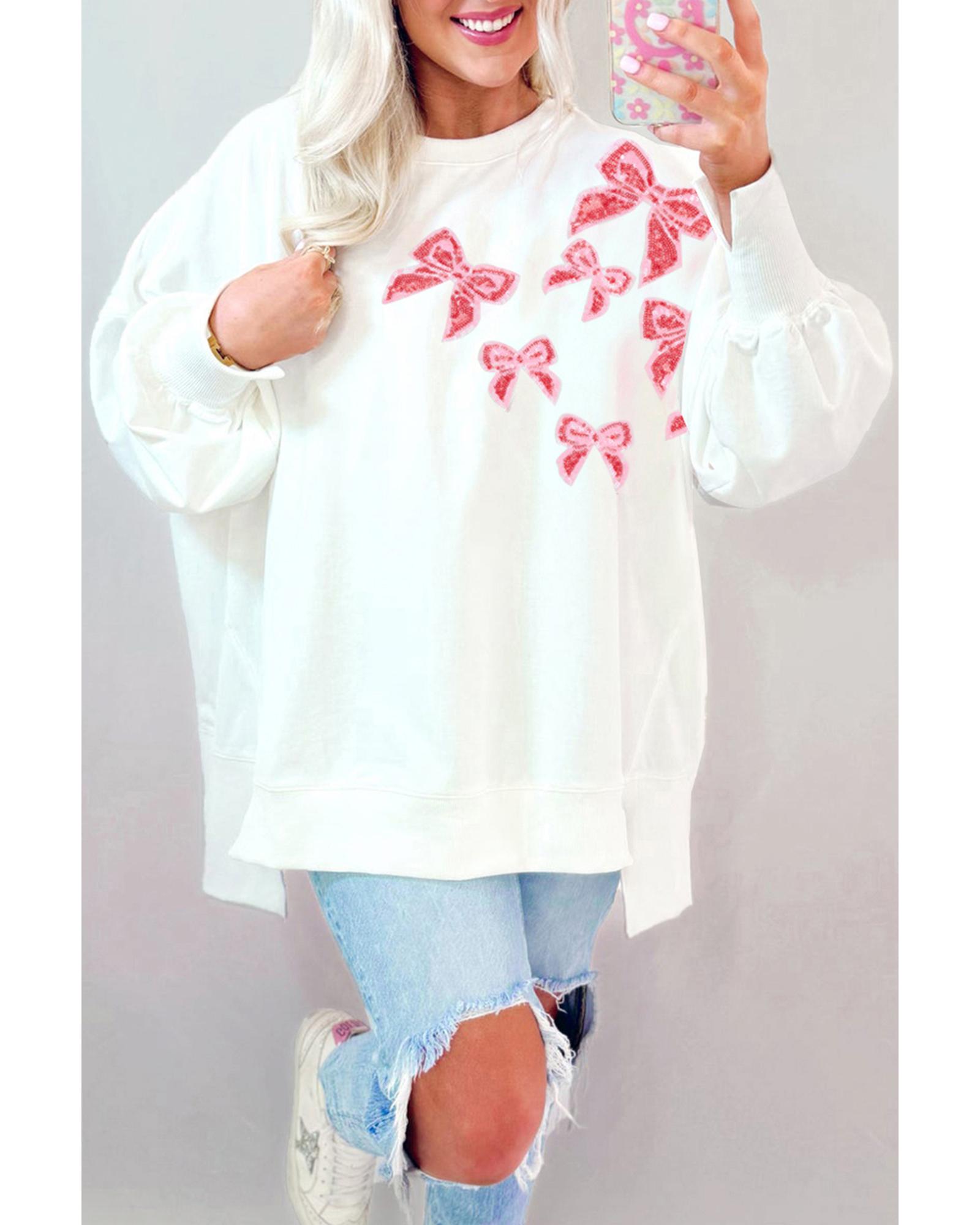 V539-AZEXDC25318217-P1-M-202508291720-00 White Sequin Bowknot High Low Oversize Sweatshirt - M - Image 1