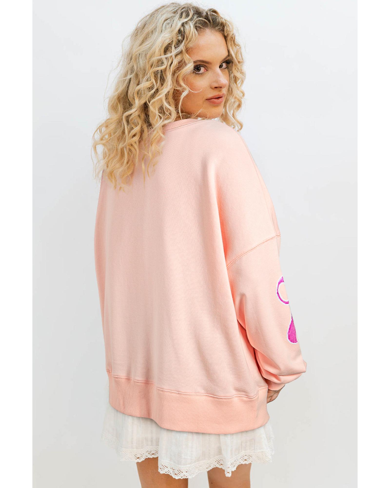 V539-AZEXDC25318225-P2010-L-202508300150-00 Apricot Pink Sequined Bowknot Drop Shoulder Oversized Sweatshirt - L - Image 1