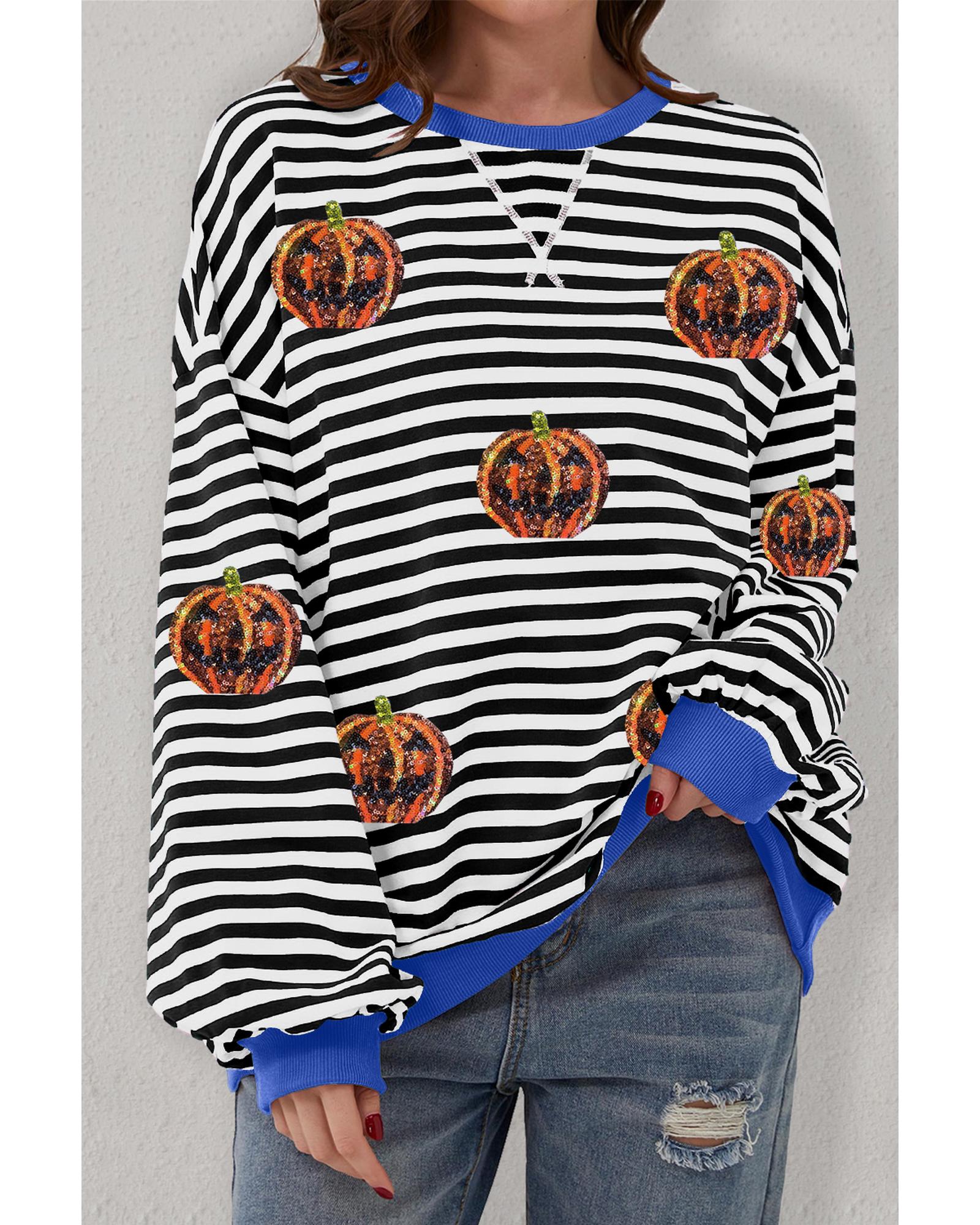 V539-AZEXDC25318296-P219-S-202506130321-00 Black Stripe Funny Halloween Pumpkin Face Pattern Oversize Sweatshirt - S - Image 1