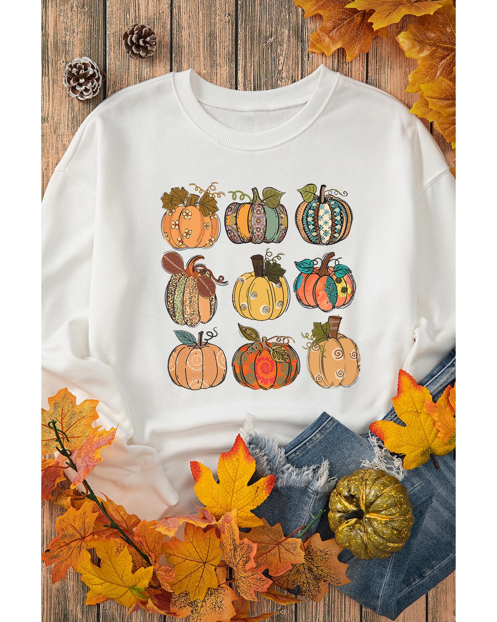 V539-AZEXDC25318340-15-M-202508280140-00 Beige Thanksgiving Pumpkin Print Drop Shoulder Sweatshirt - M - Image 1