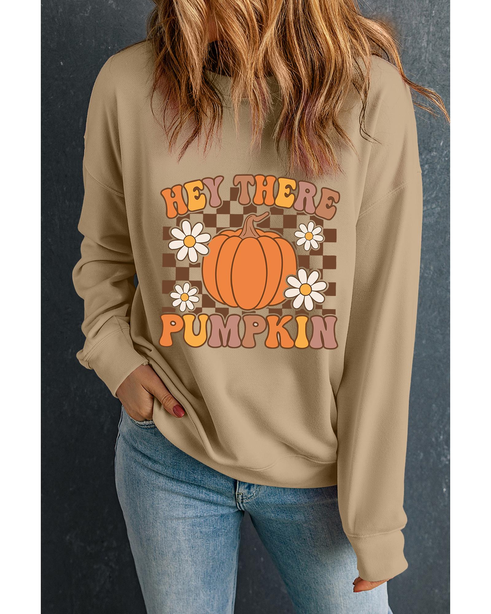 V539-AZEXDC25318348-16-L-202508281435-00 Khaki Floral Checkered Pumpkin Graphic Drop Shoulder Thanksgiving Sweatshirt - L - Image 1
