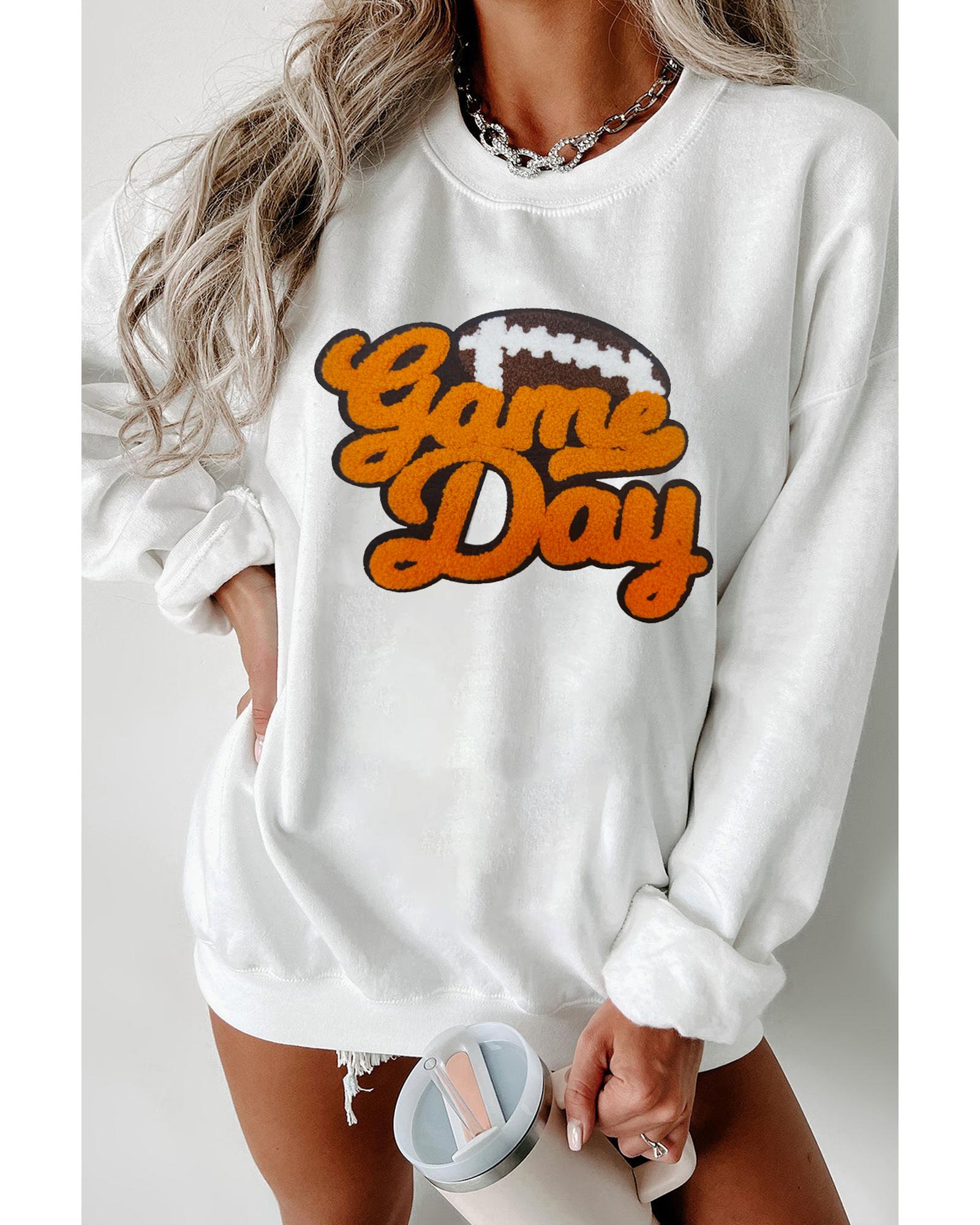 V539-AZEXDC25318350-P1-XL-202508280550-00 White Chenille Game Day Rugby Football Pattern Pullover Sweatshirt - XL - Image 1