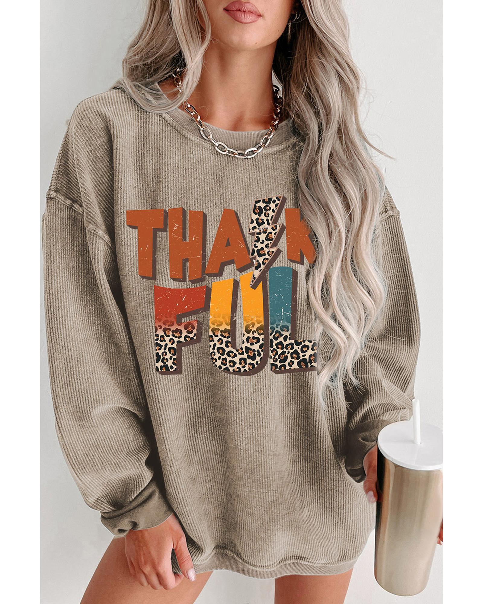 V539-AZEXDC25318367-16-S-202506130441-00 Khaki Leopard THANKFUL Graphic Corded Thanksgiving Sweatshirt - S - Image 1