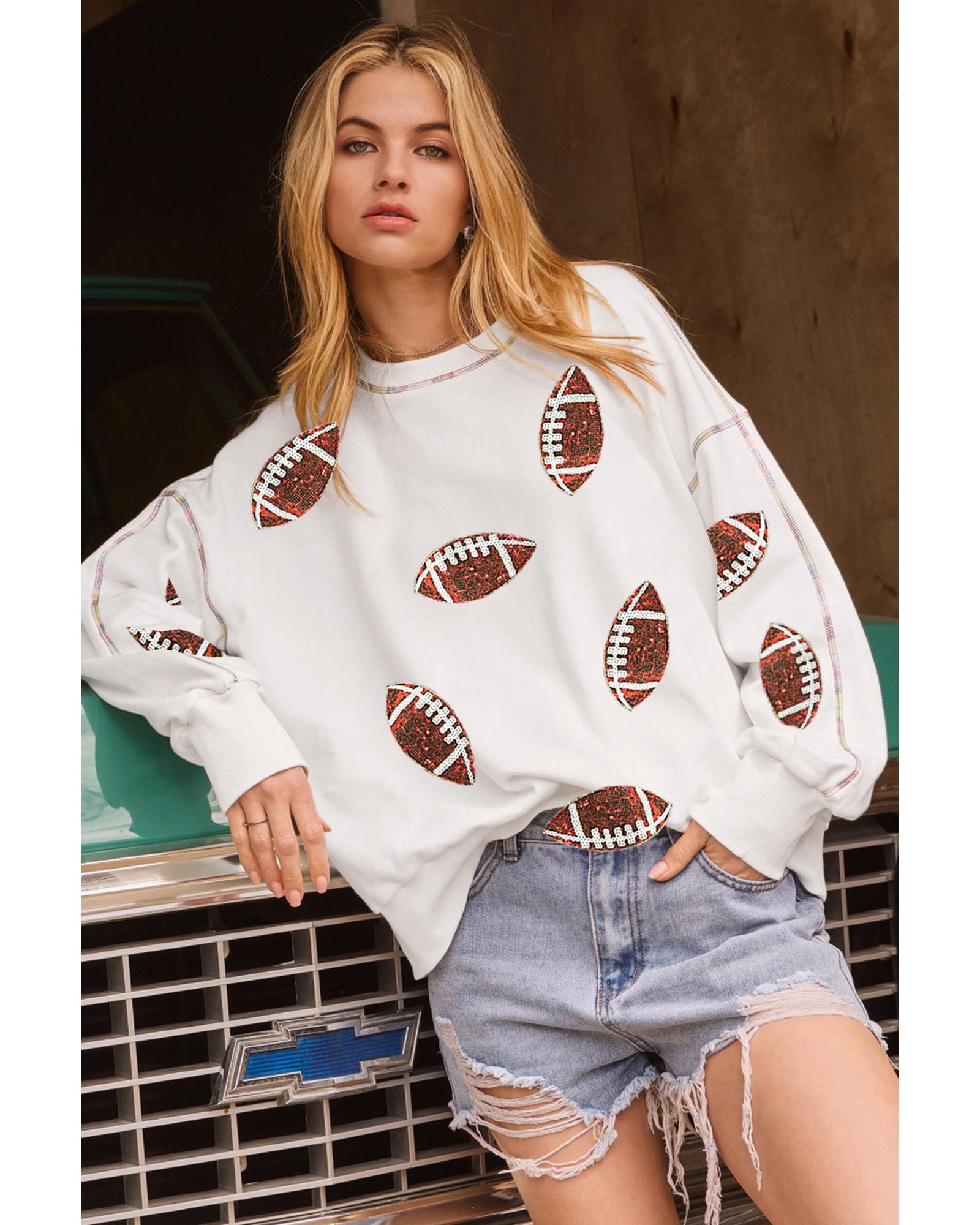 V539-AZEXDC25318460-P101-2XL-202508270920-00 White Sequin Rugby Football Pattern Exposed Seam Game Day Sweatshirt - 2XL - Image 1
