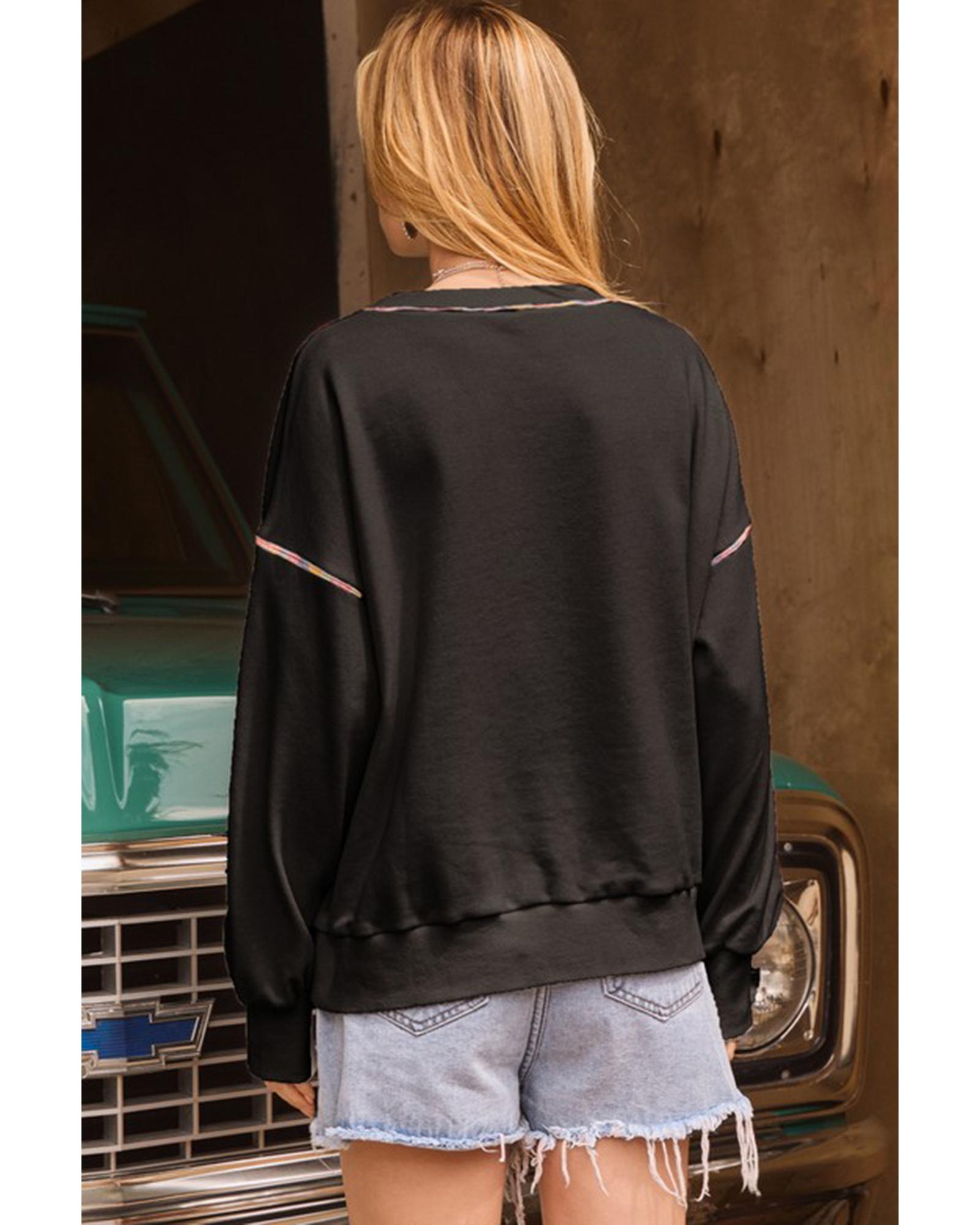 V539-AZEXDC25318463-P2-M-202508271925-00 Black Sequin Pumpkin Face Graphic Exposed Seam Halloween Sweatshirt - M - Image 1