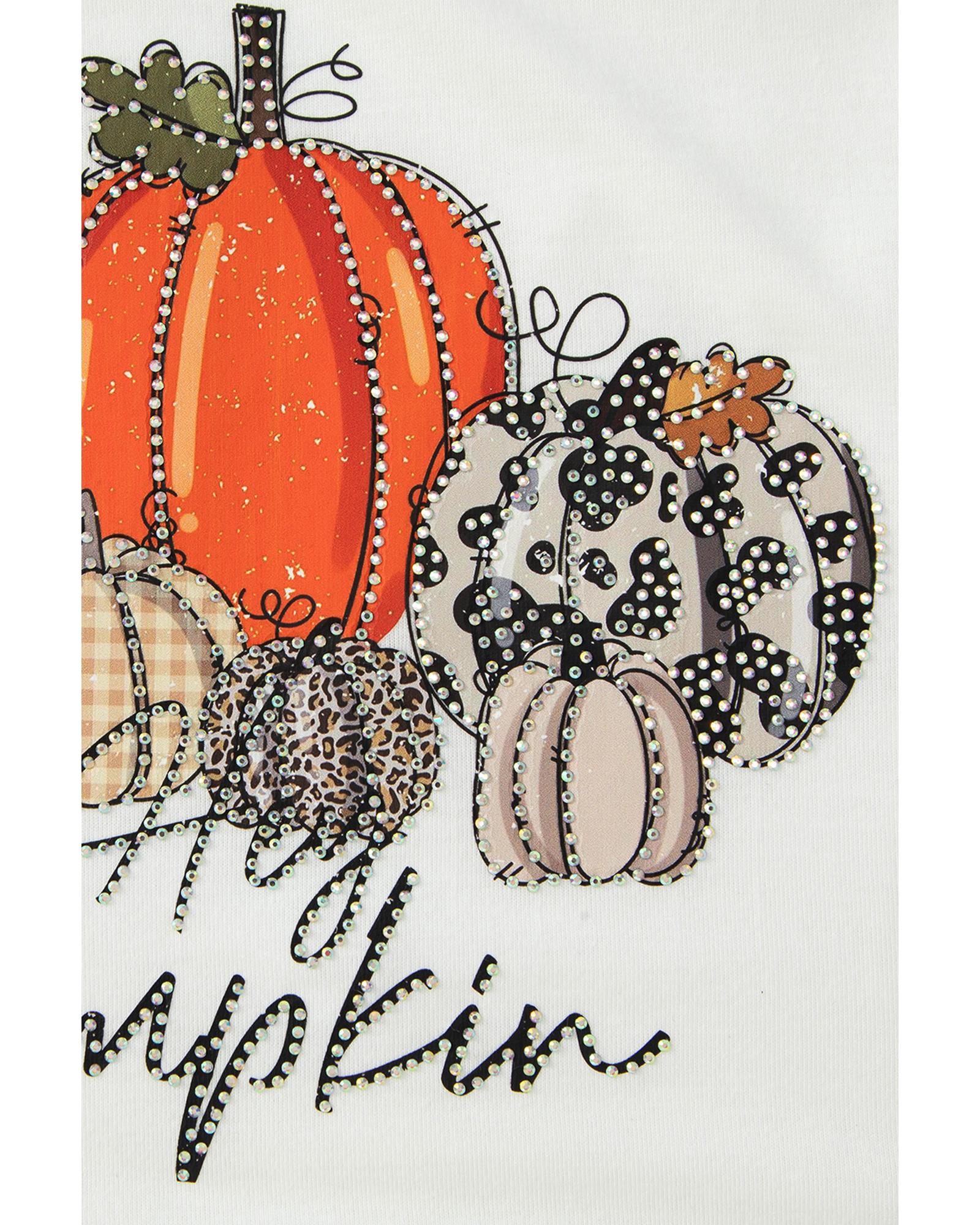 V539-AZEXDC25318464-15-M-202508270340-00 Beige Rhinestone Pumpkin Graphic Crewneck Thanksgiving Sweatshirt - M - Image 1