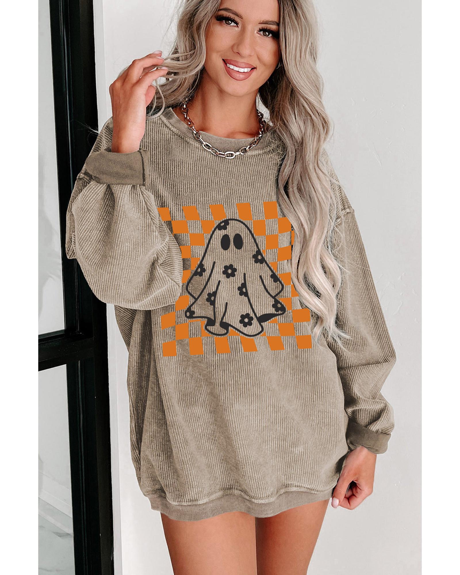 V539-AZEXDC25318558-16-L-202508280305-00 Khaki Checkerboard Floral Ghost Graphic Corded Halloween Sweatshirt - L - Image 1