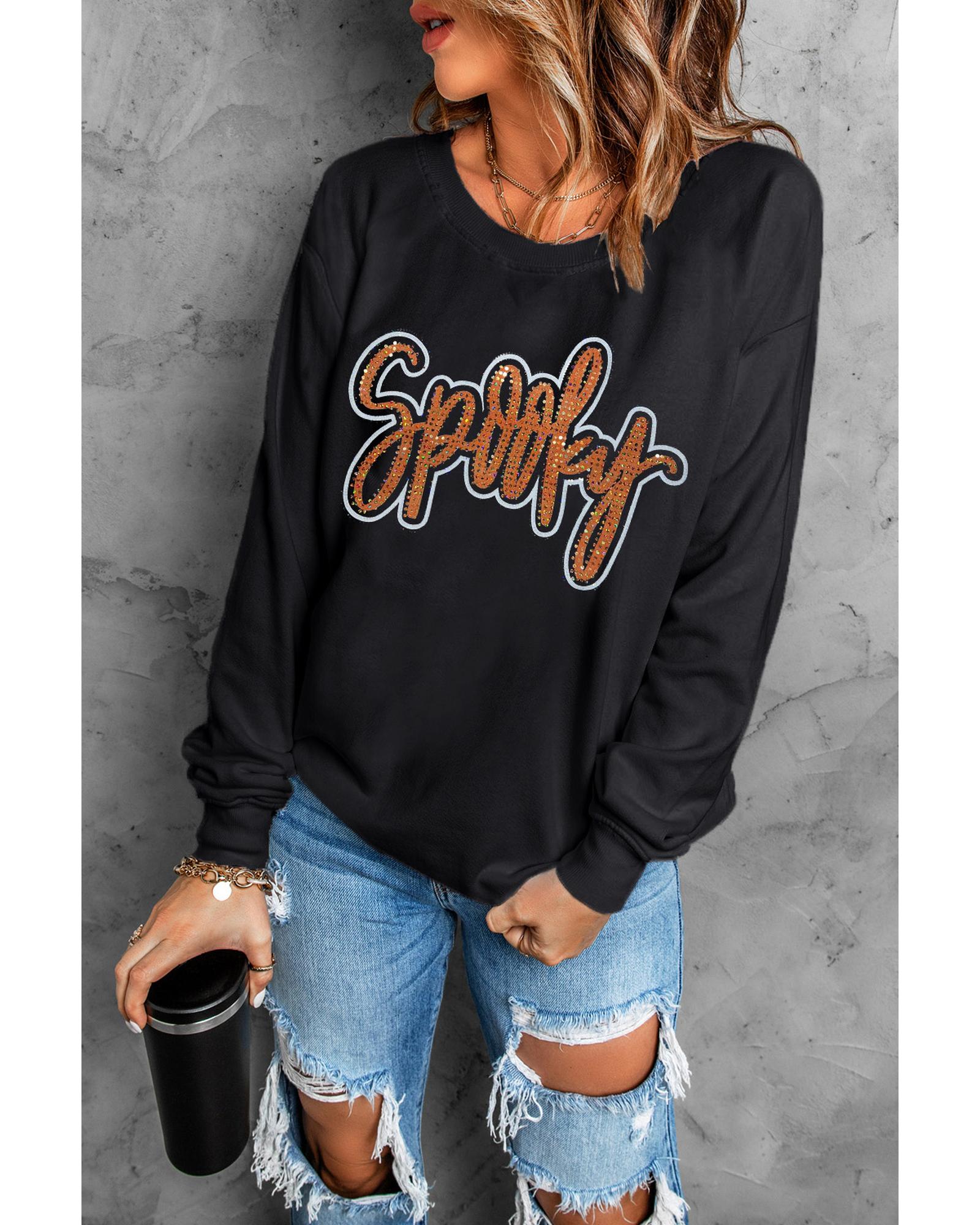 V539-AZEXDC25318577-2-M-202508300700-00 Black Spooky Rhinestone Drop Shoulder Graphic Sweatshirt - M - Image 1