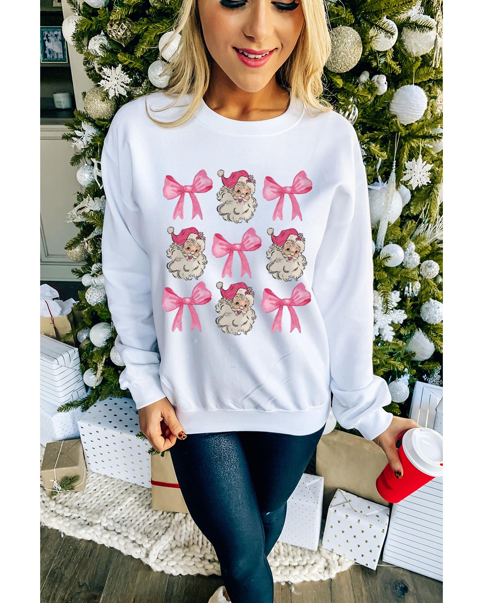V539-AZEXDC25318596-15-S-202506131220-00 Beige Santa Claus Bowknot Pattern Christmas Sweatshirt - S - Image 1