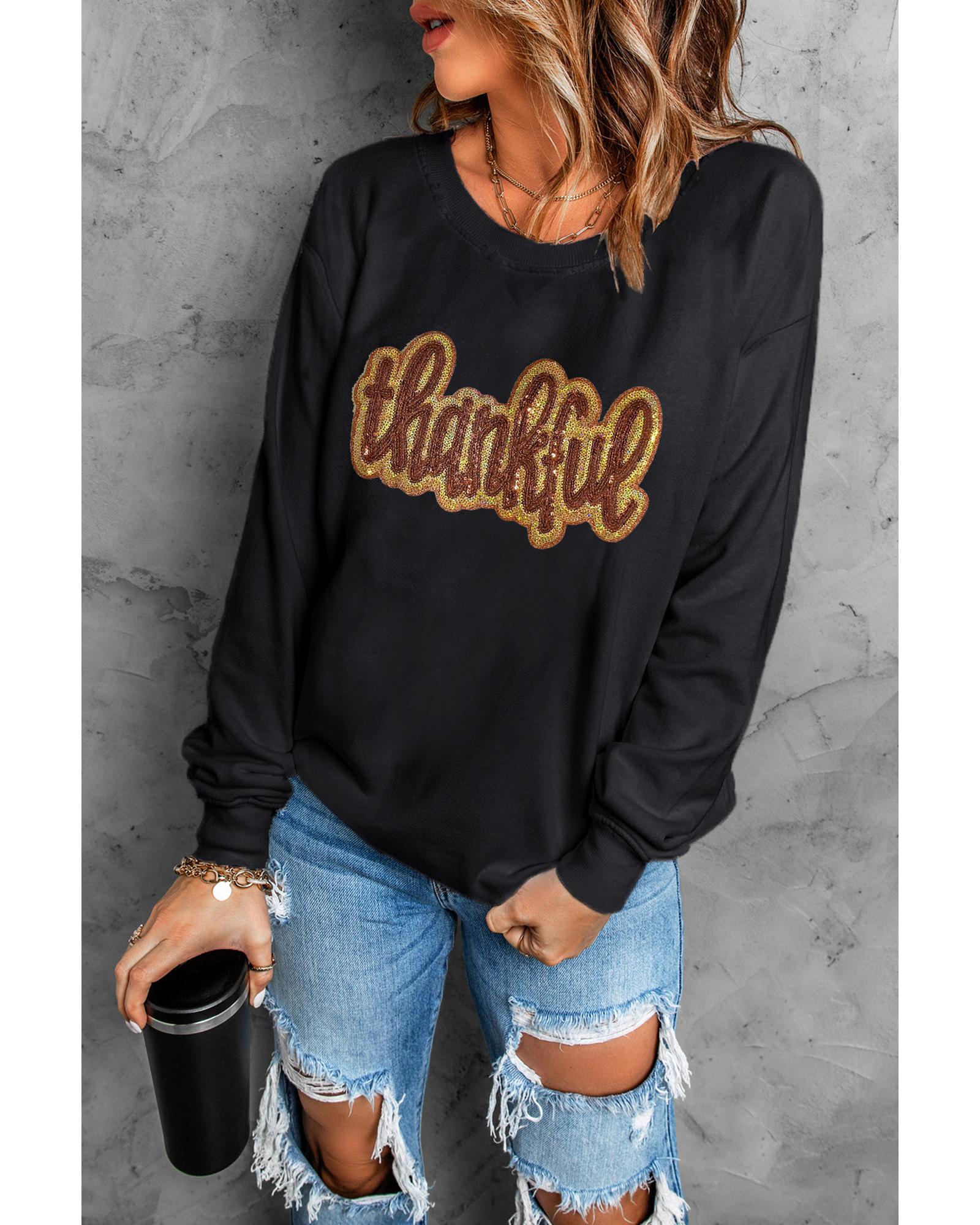 V539-AZEXDC25318645-2-XL-202508291950-00 Black Glittering thankful Graphic Drop Shoulder Sweatshirt - XL - Image 1