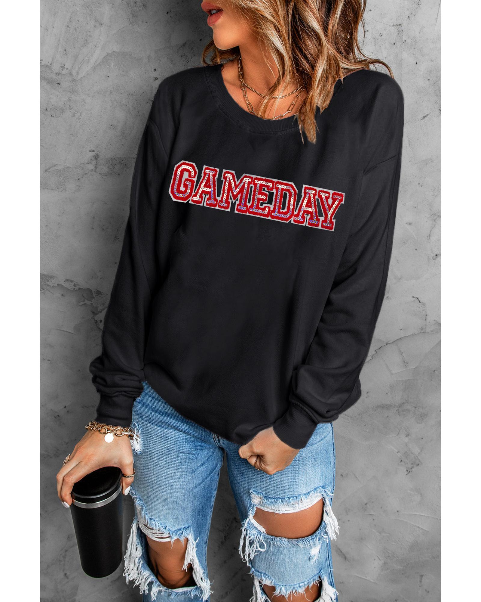 V539-AZEXDC25318646-2-L-202508300000-00 Black Sequined GAME DAY Rugby Football Season Sweatshirt - L - Image 1