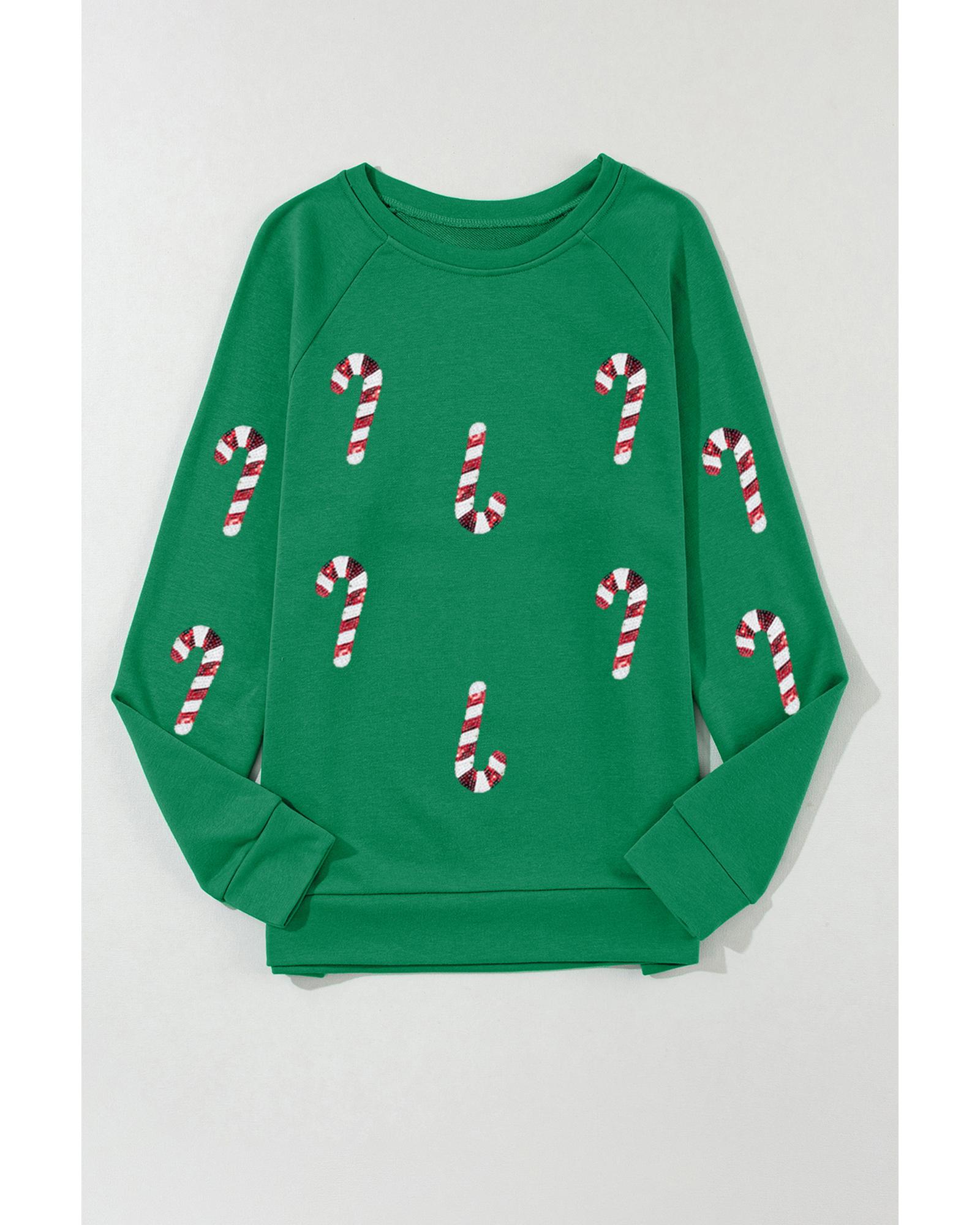 V539-AZEXDC25318668-9-S-202506131254-00 Green Sequin Christmas Candy Cane Graphic Crewneck Pullover Sweatshirt - S - Image 1