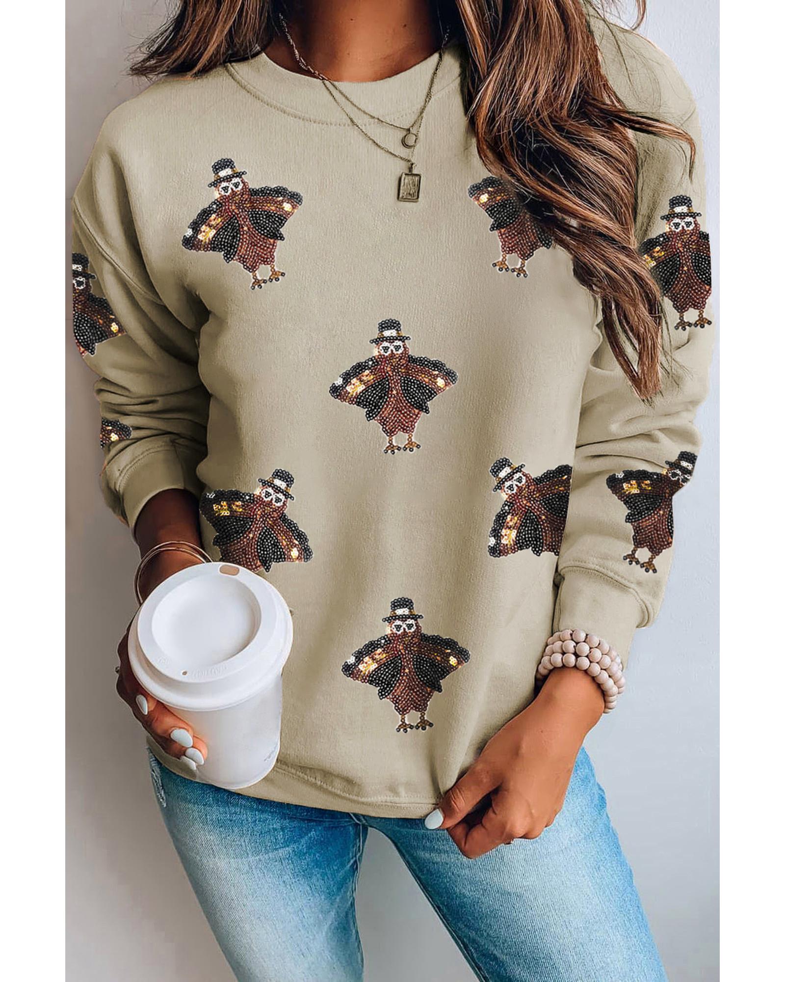 V539-AZEXDC25318694-P6016-XL-202508290130-00 Parchment Shimmering Turkey Pattern Thanksgiving Holiday Sweatshirt - XL - Image 1