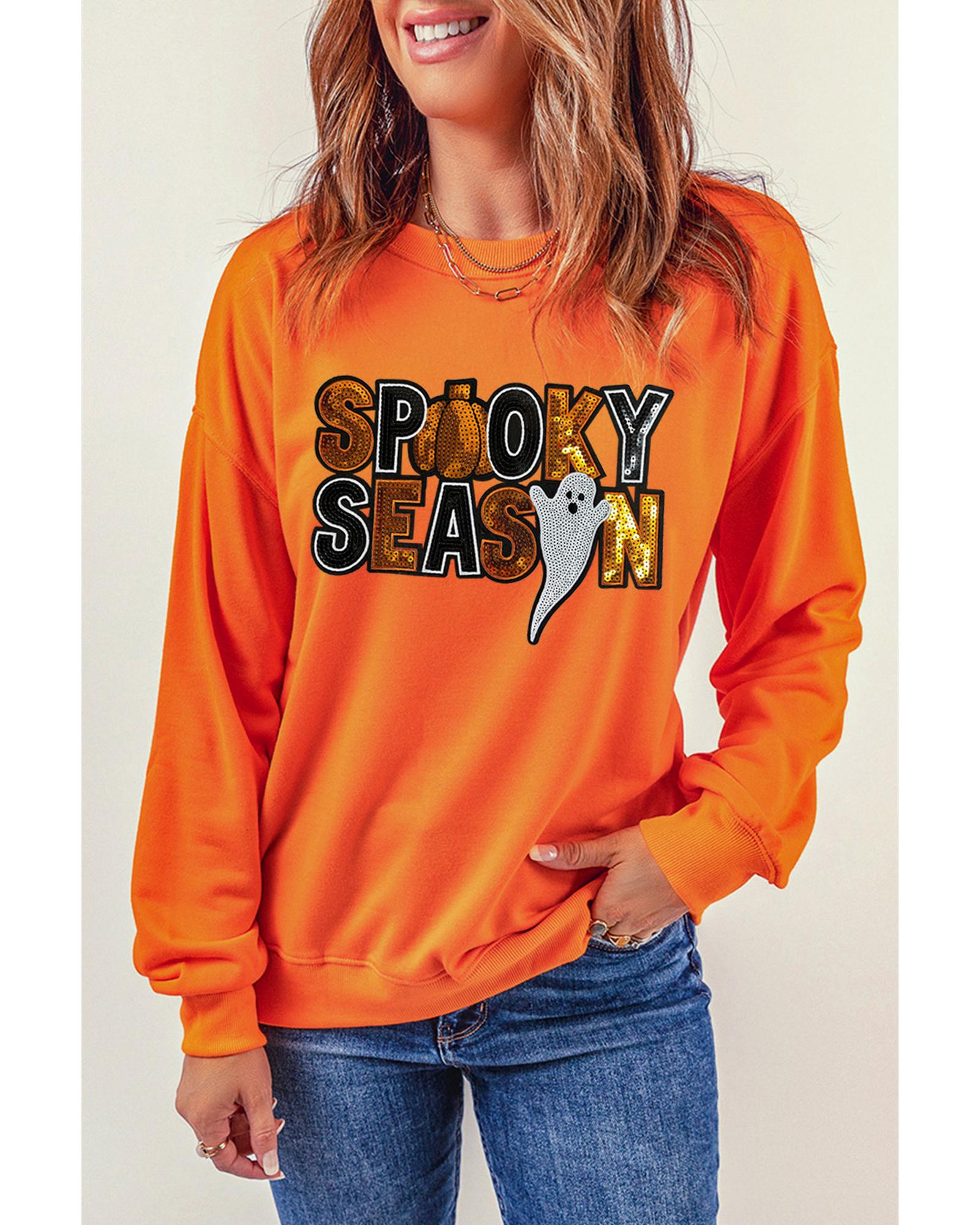 V539-AZEXDC25318695-P7014-S-202506130835-00 Russet Orange Sequin SPOOKY SEASON Ghost Pattern Halloween Pullover Sweatshirt - S - Image 1