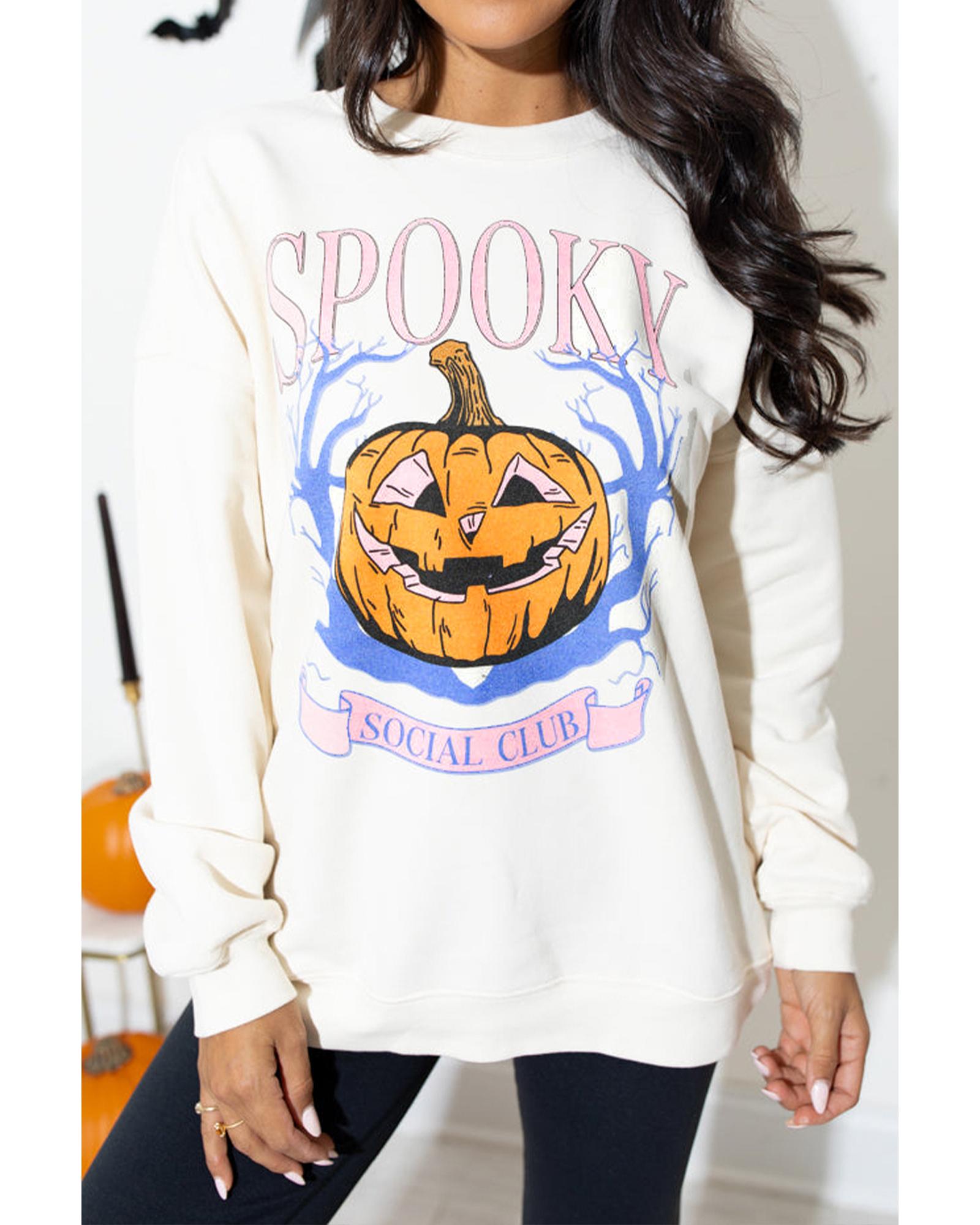 V539-AZEXDC25318696-15-M-202508280415-00 Beige SPOOKY SOCIAL CLUB Halloween Pumpkin Face Graphic Sweatshirt - M - Image 1