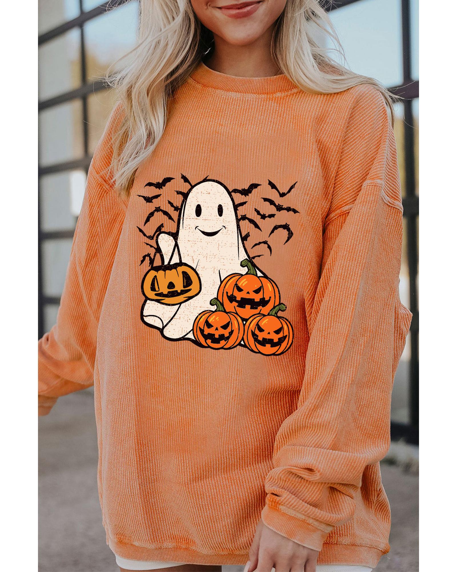 V539-AZEXDC25318705-2014-L-202508300240-00 Orange Halloween Ghost Pumpkin Bat Print Corded Pullover Sweatshirt - L - Image 1