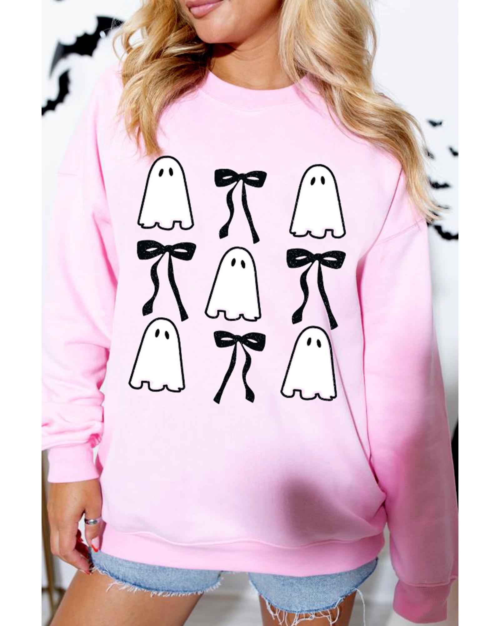 V539-AZEXDC25318708-10-2XL-202508280810-00 Pink Ghost Bowknot Printed Drop Shoulder Halloween Sweatshirt - 2XL - Image 1