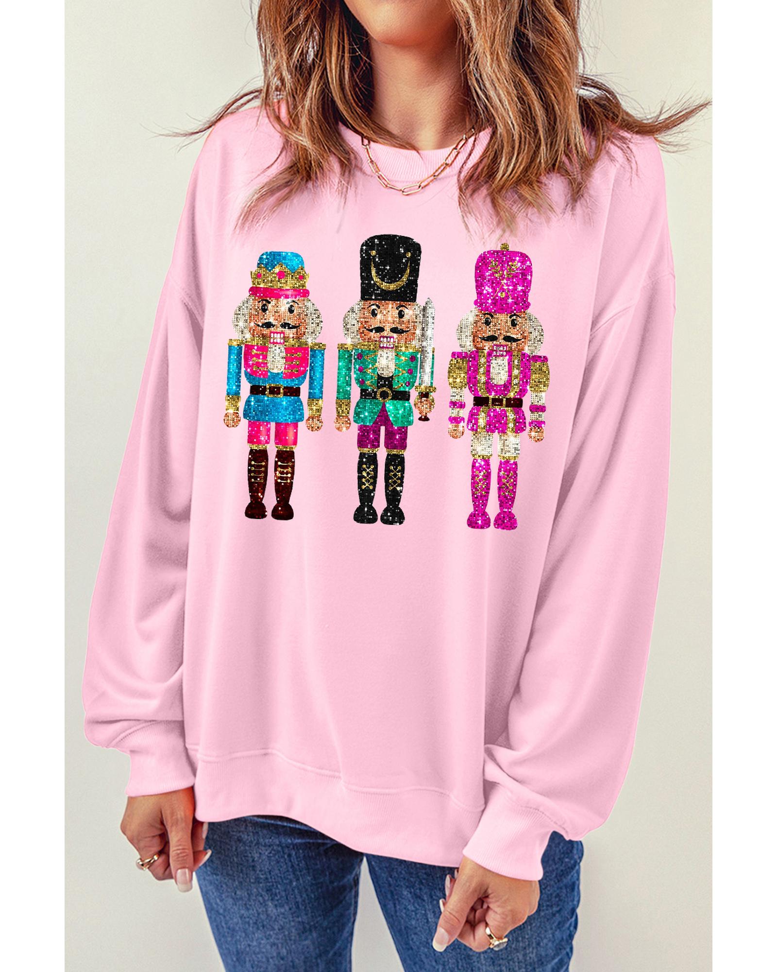 V539-AZEXDC25318805-10-XL-202508281850-00 Pink Cute Nutcracker Printed Drop Shoulder Christmas Sweatshirt - XL - Image 1